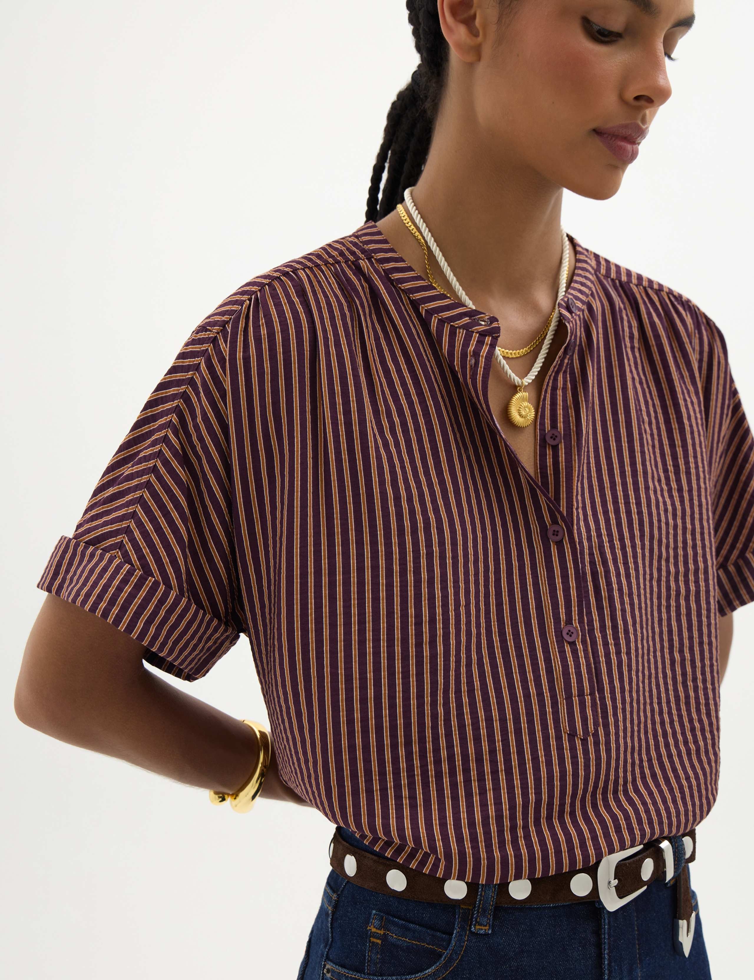 Striped Crew Neck Button Front Blouse 5 of 6