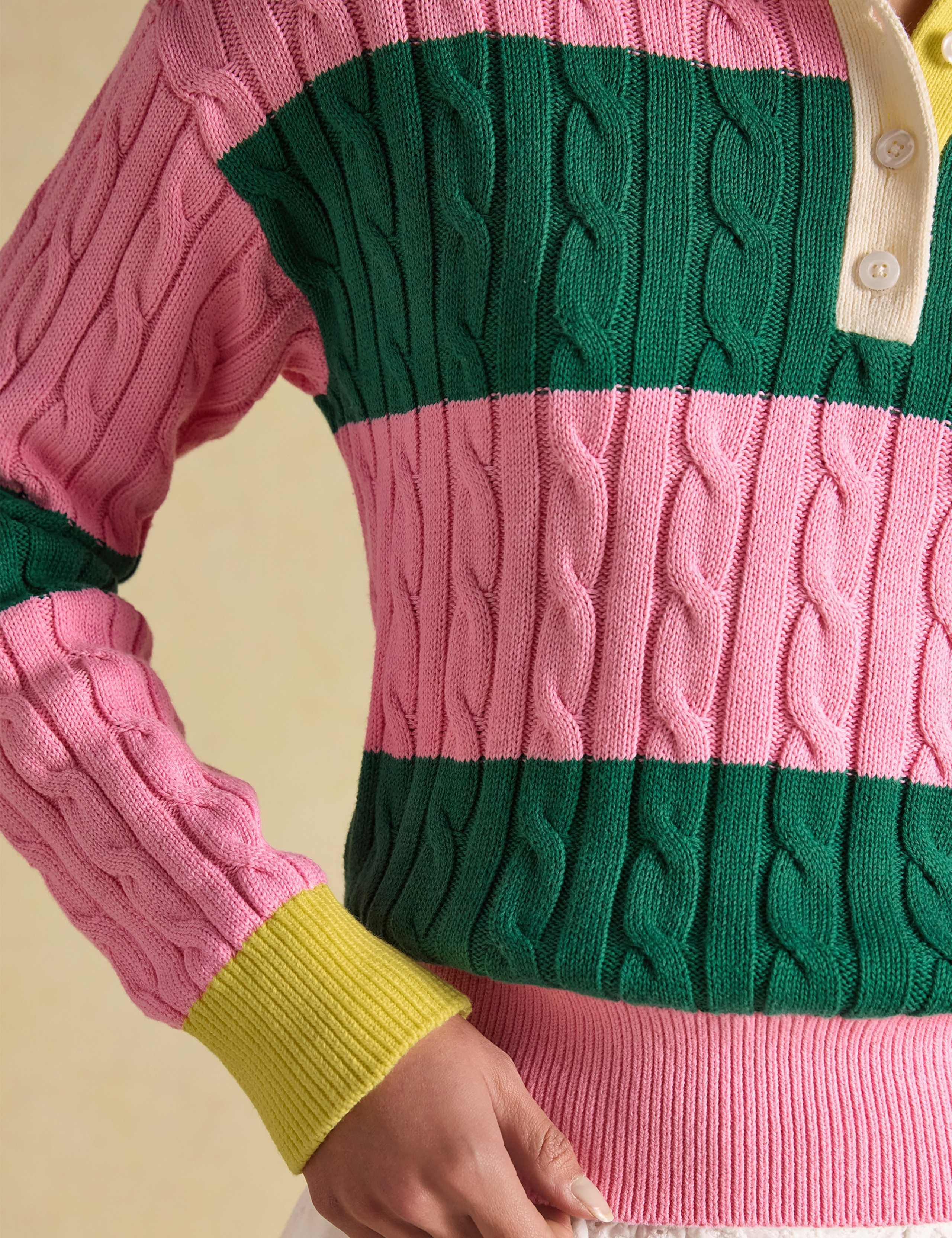 Pure Cotton Striped Cable Knit Rugby Jumper 3 of 8