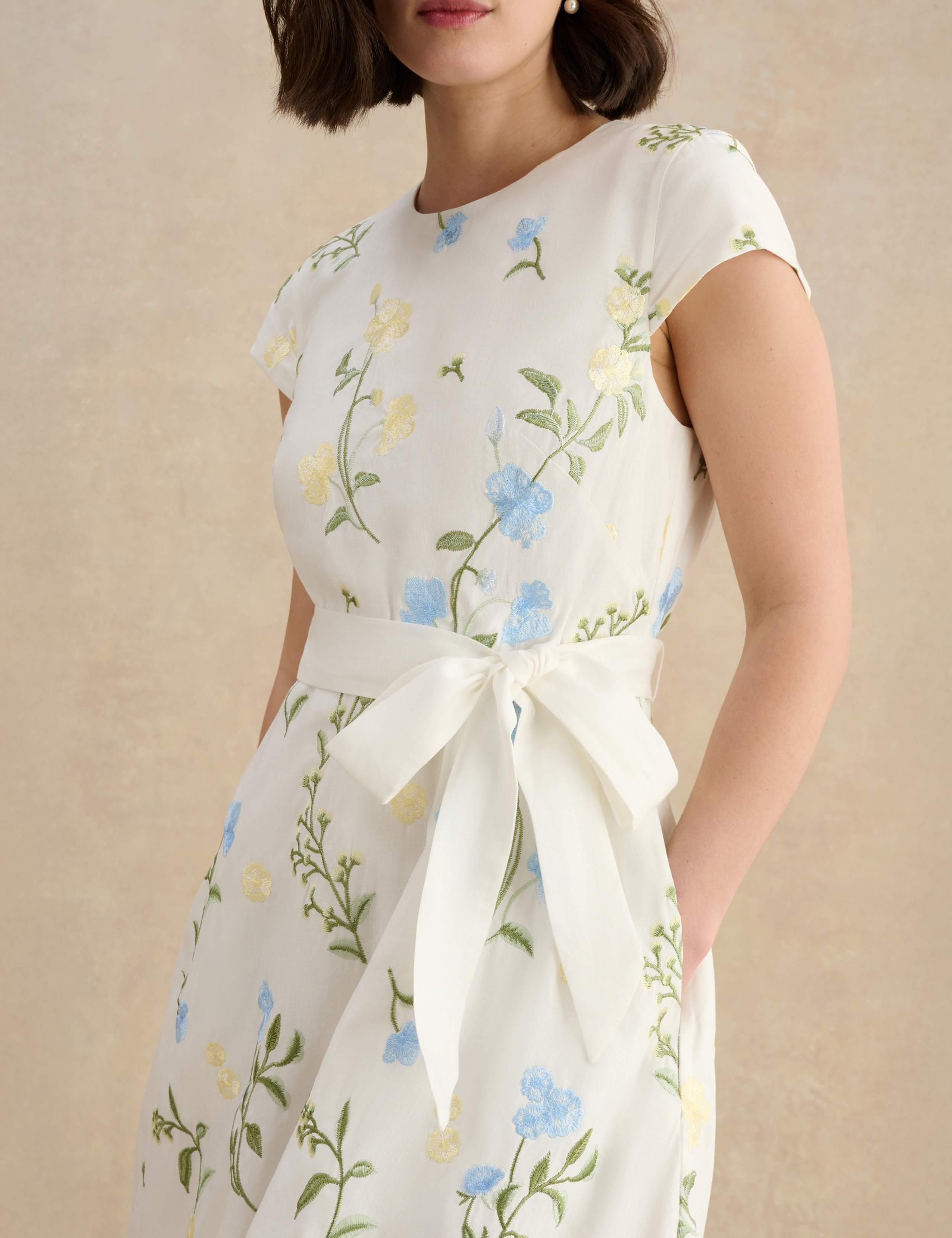 Linen Rich Floral Midi Waisted Dress 5 of 6
