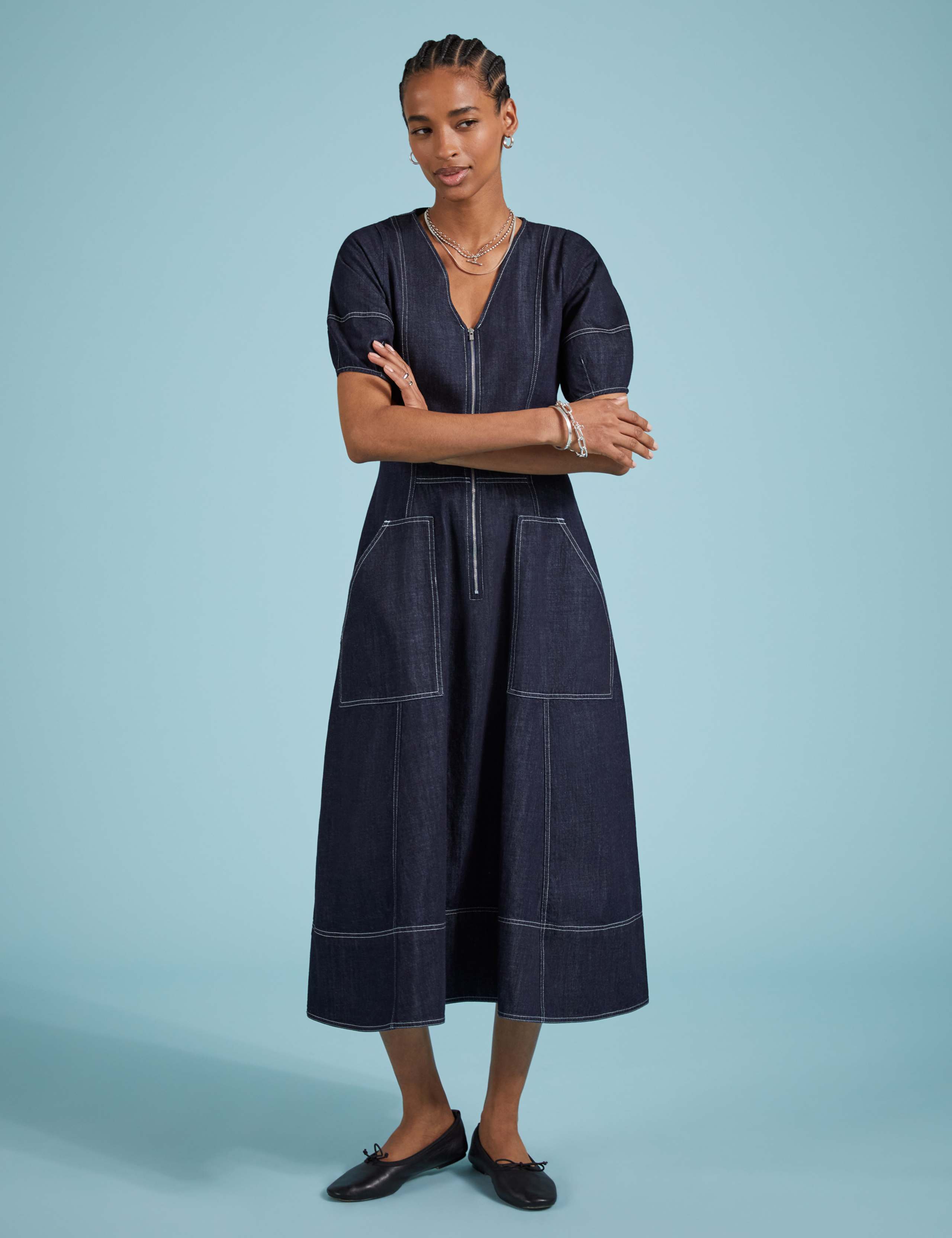 Denim V-Neck Midi Skater Dress 1 of 4