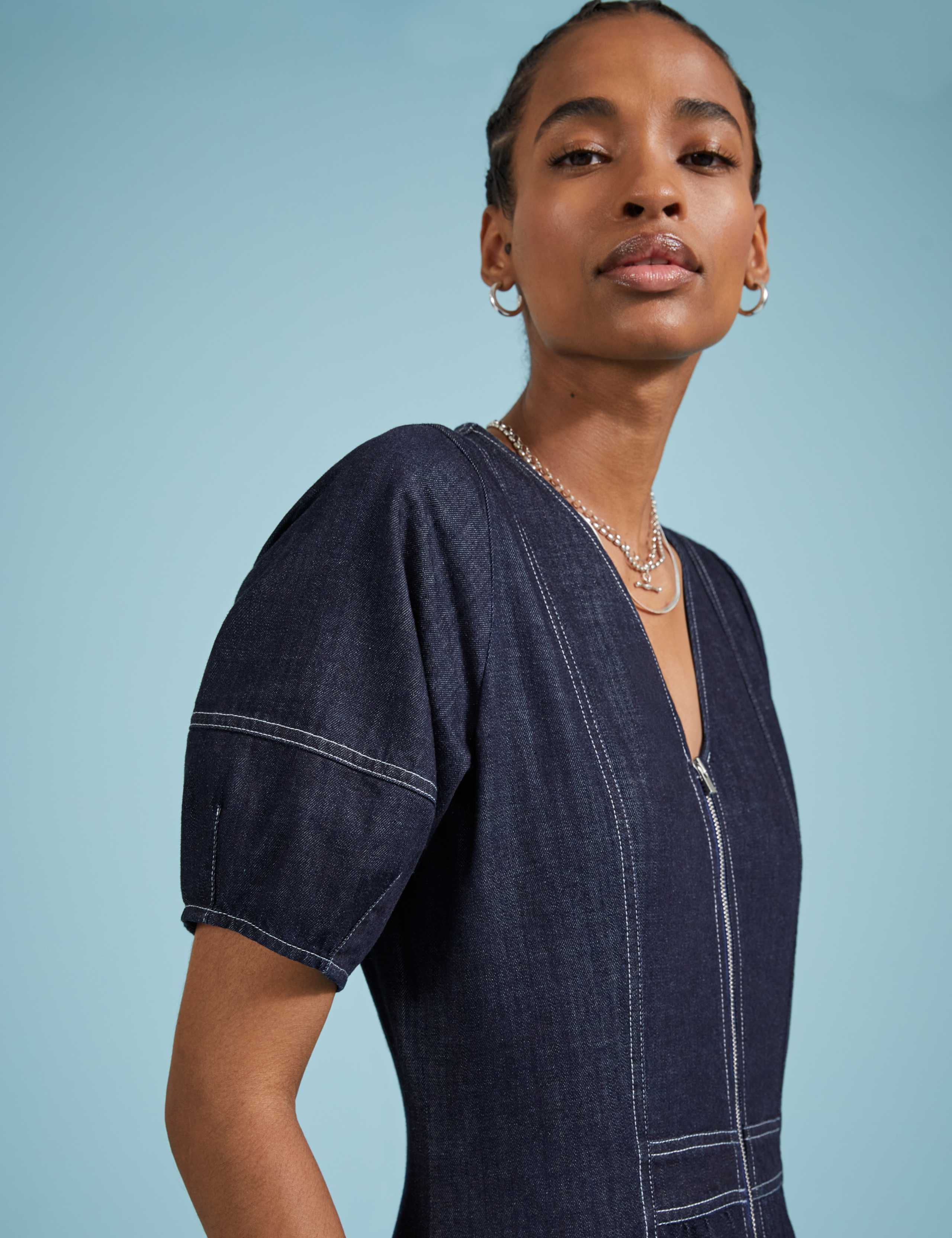 Denim V-Neck Midi Skater Dress 2 of 4