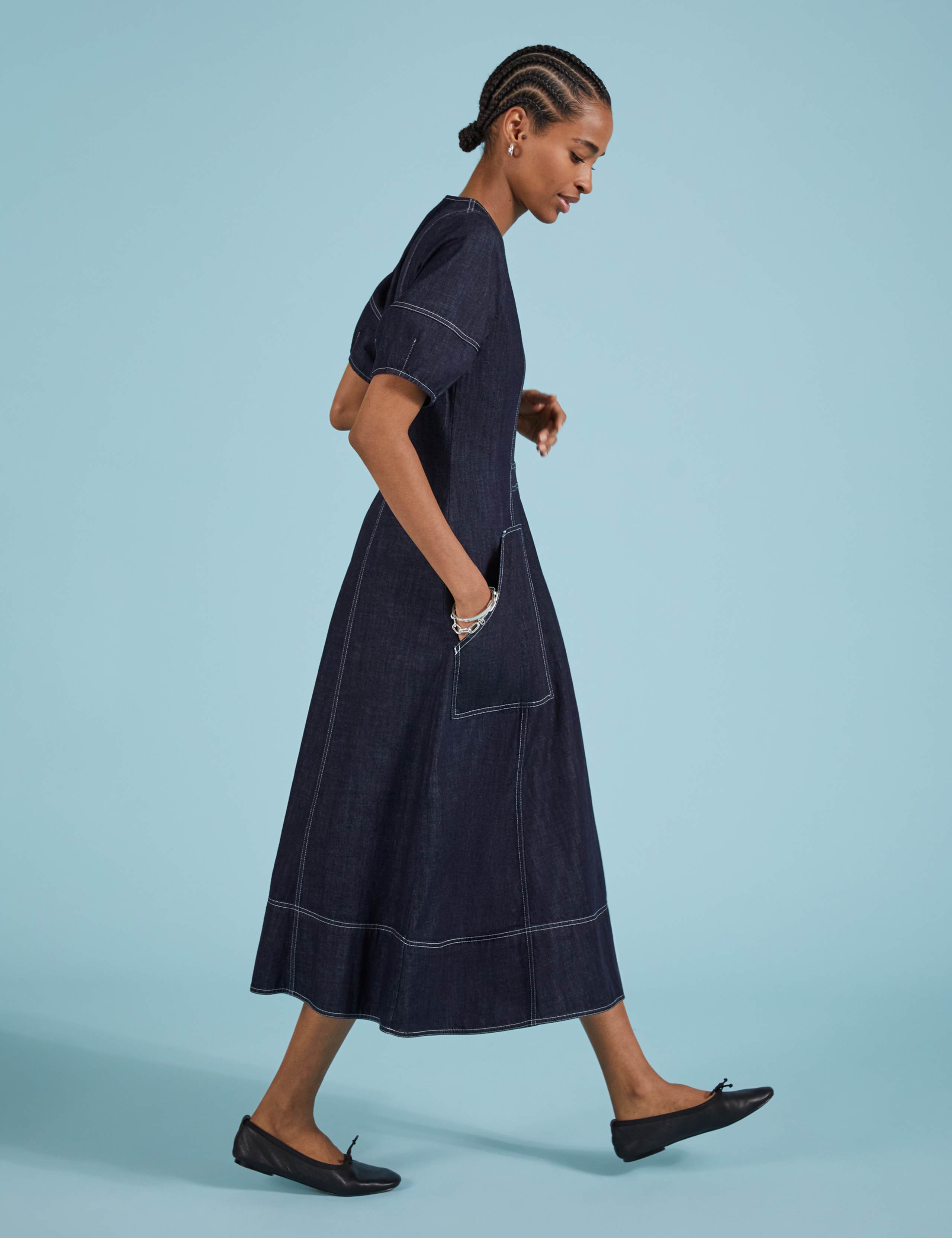 Denim V-Neck Midi Skater Dress 3 of 4