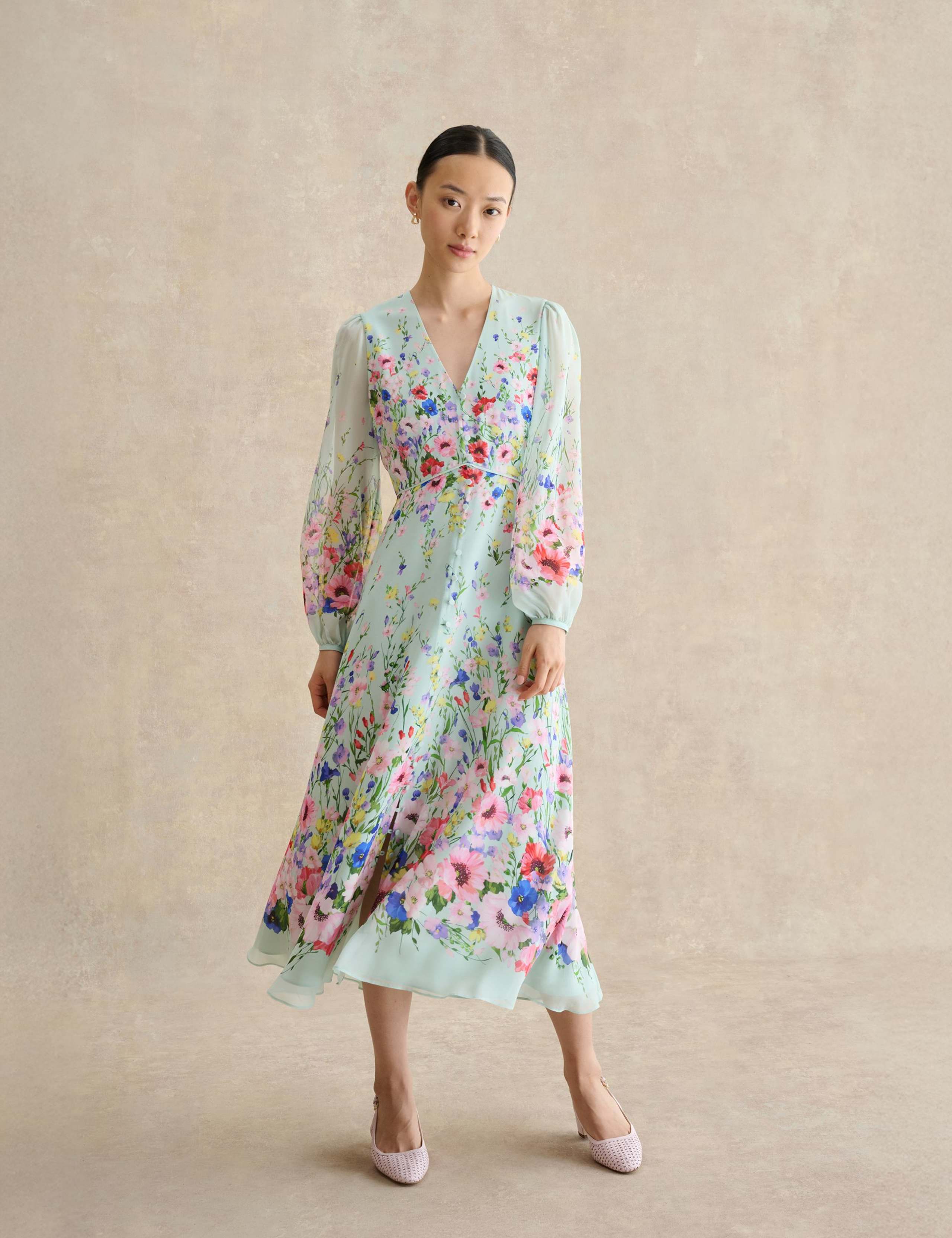 Pure Silk Floral Midi Waisted Dress 1 of 5