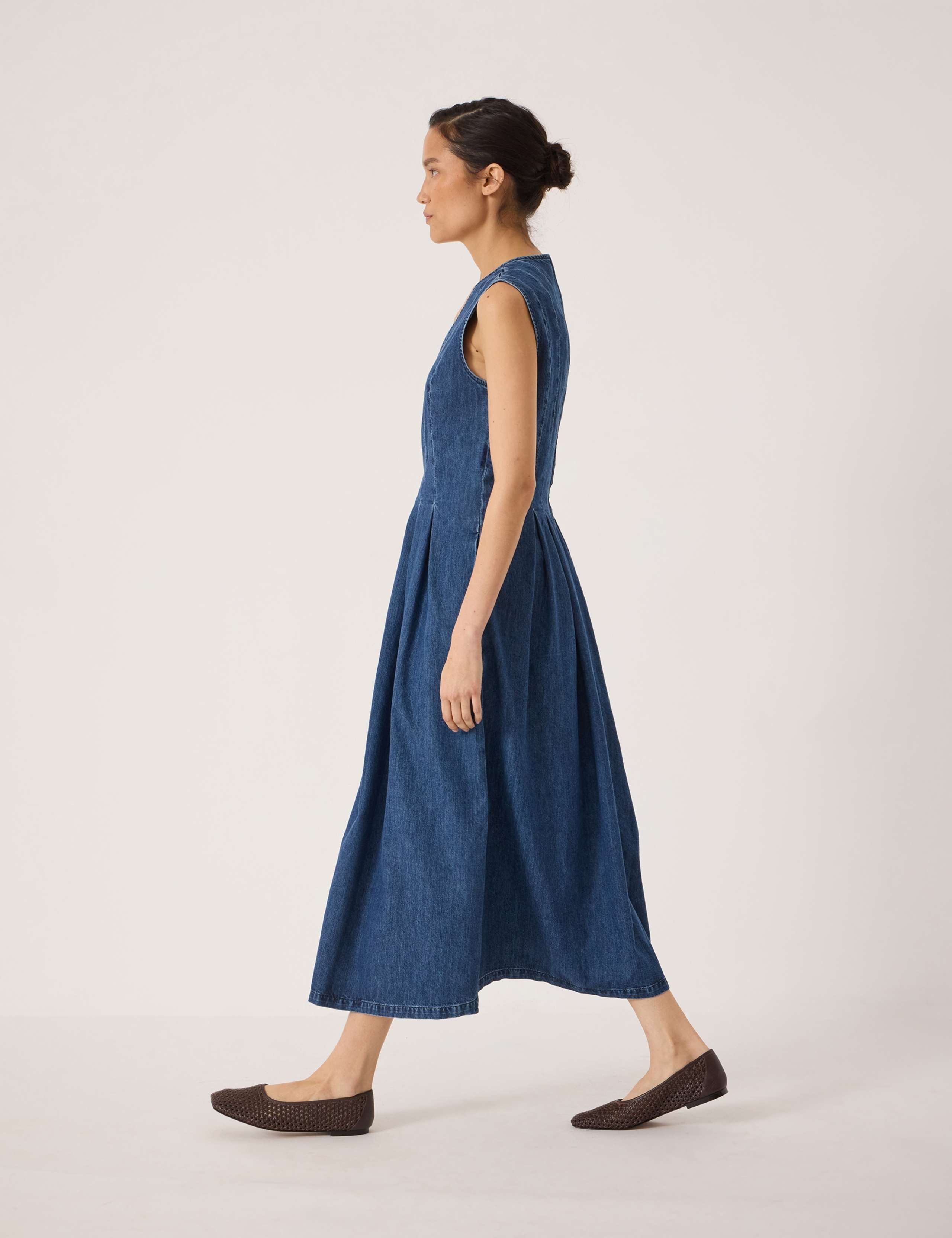 Denim V-Neck Pleated Midaxi Skater Dress 3 of 6