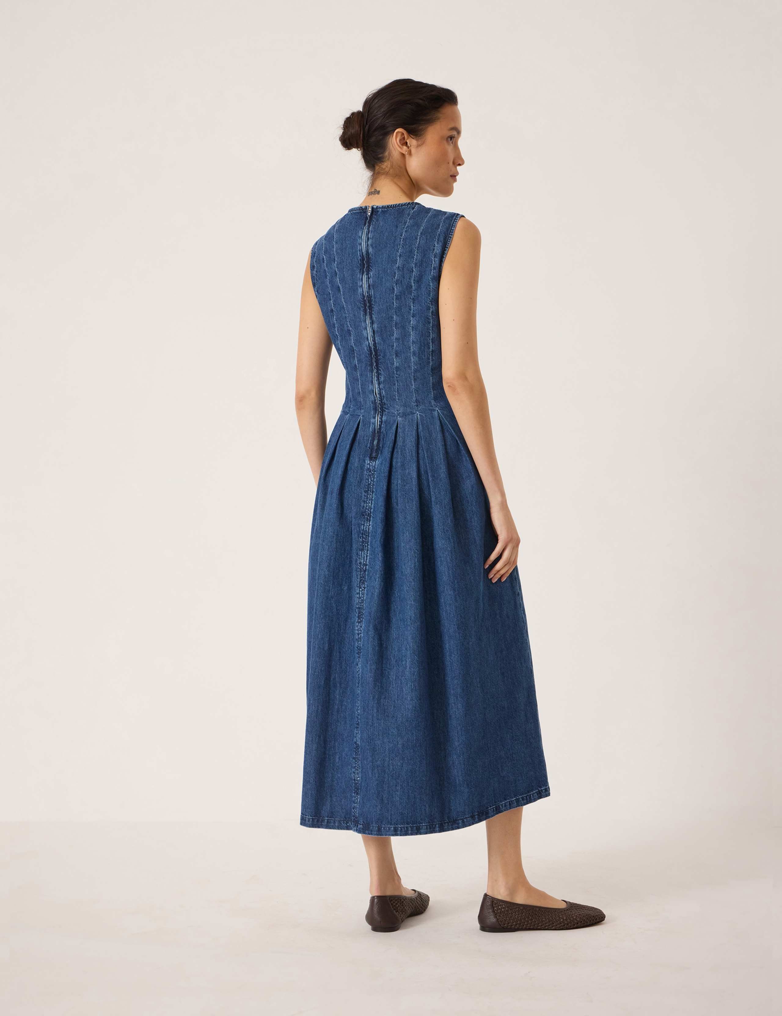 Denim V-Neck Pleated Midaxi Skater Dress 4 of 6