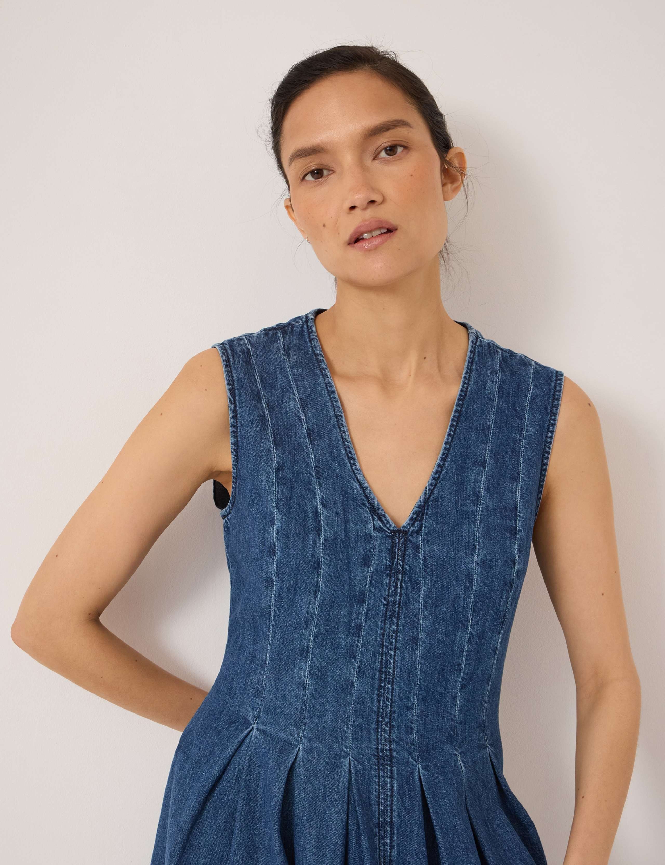 Denim V-Neck Pleated Midaxi Skater Dress 5 of 6