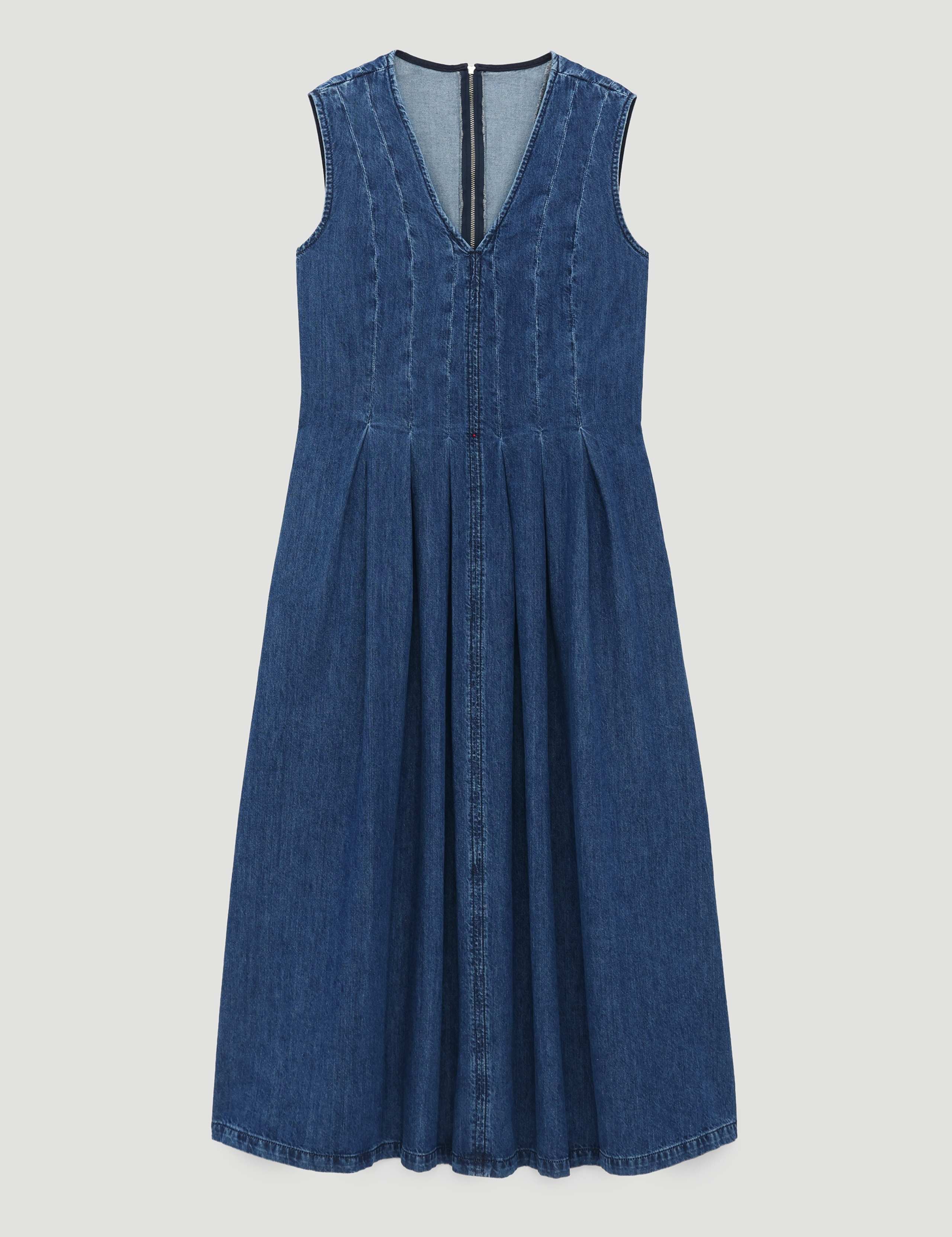 Denim V-Neck Pleated Midaxi Skater Dress 2 of 6