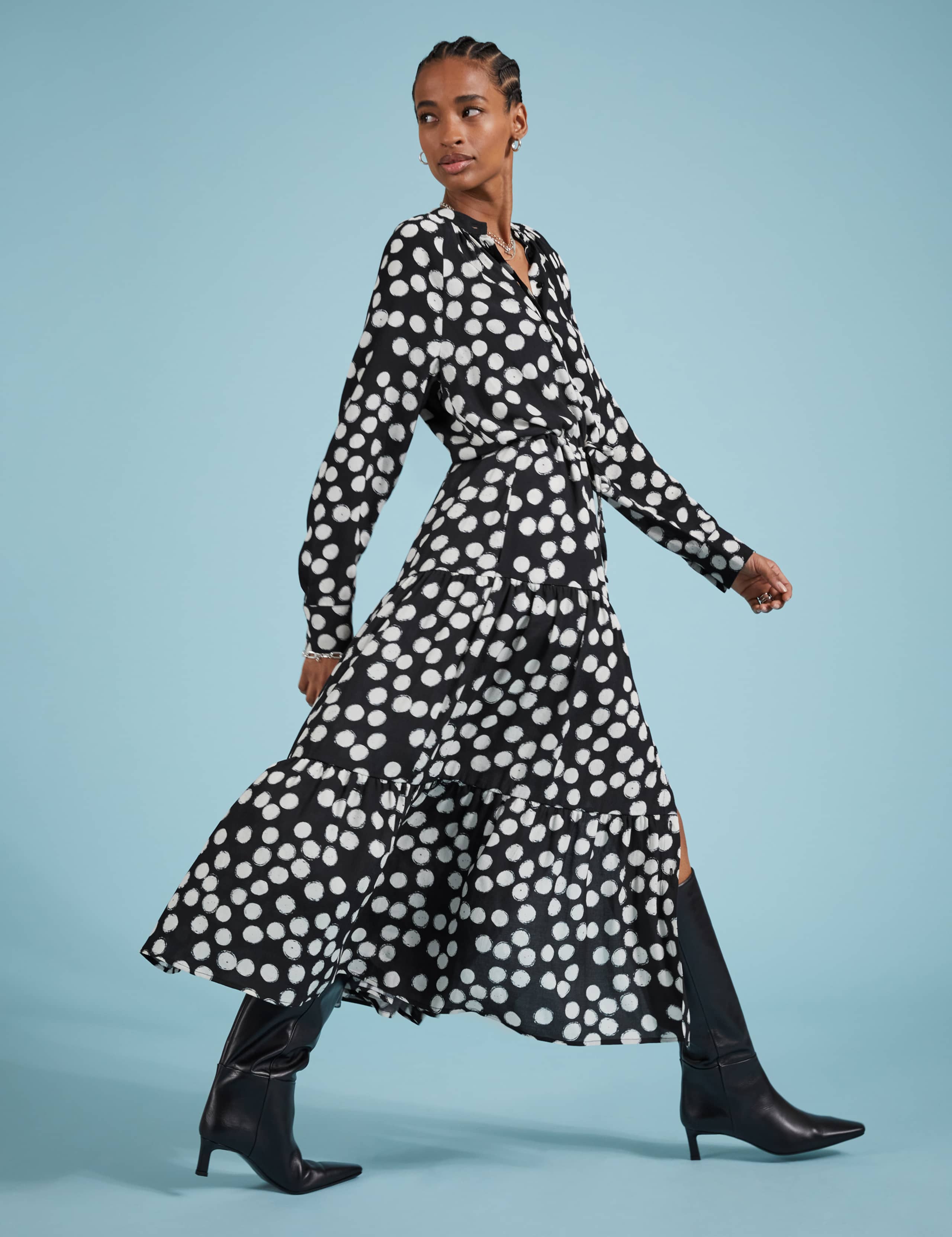 Polka Dot Tie Waist Maxi Tiered Shirt Dress 1 of 5