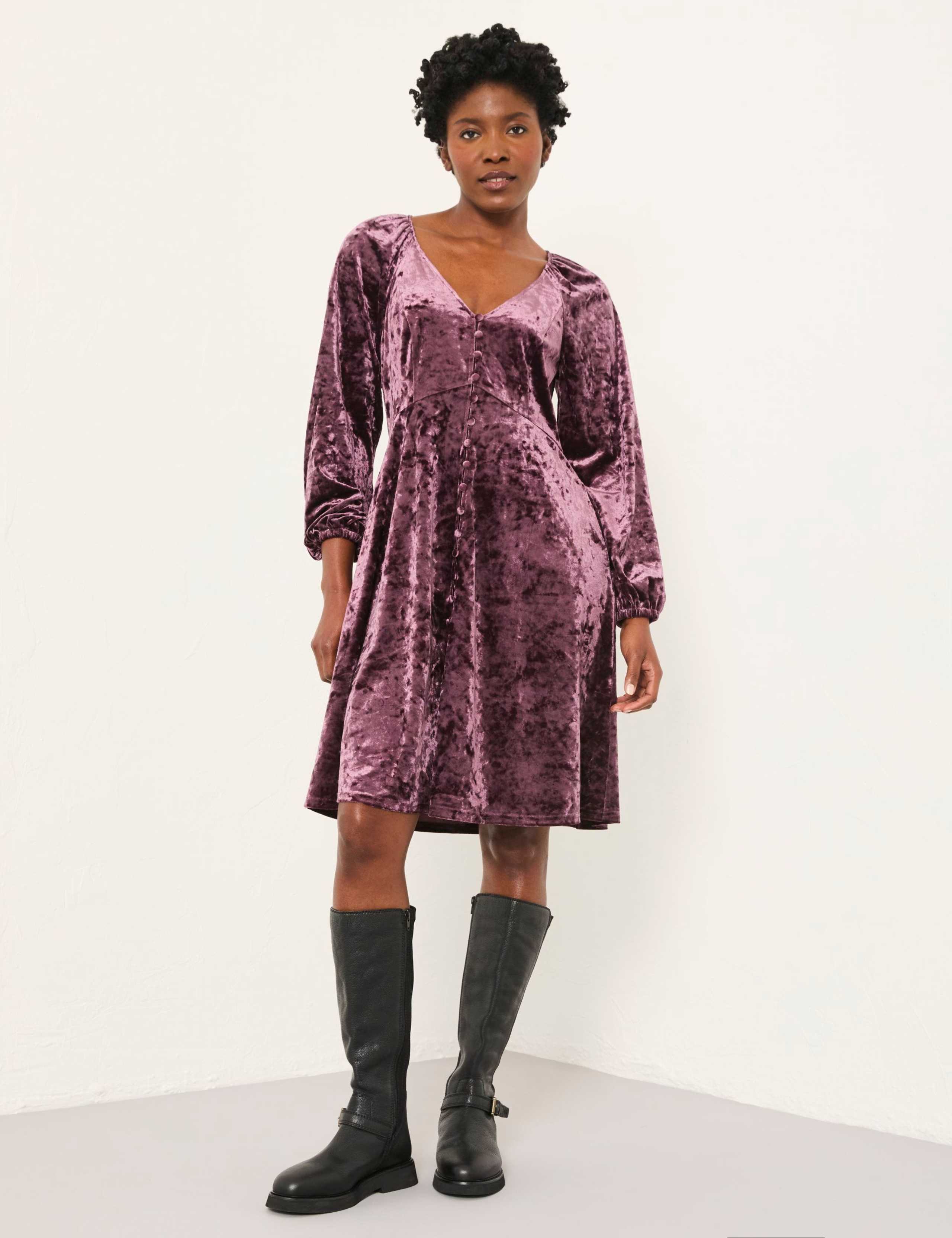 Velvet Textured V-Neck Mini Skater Dress 1 of 5