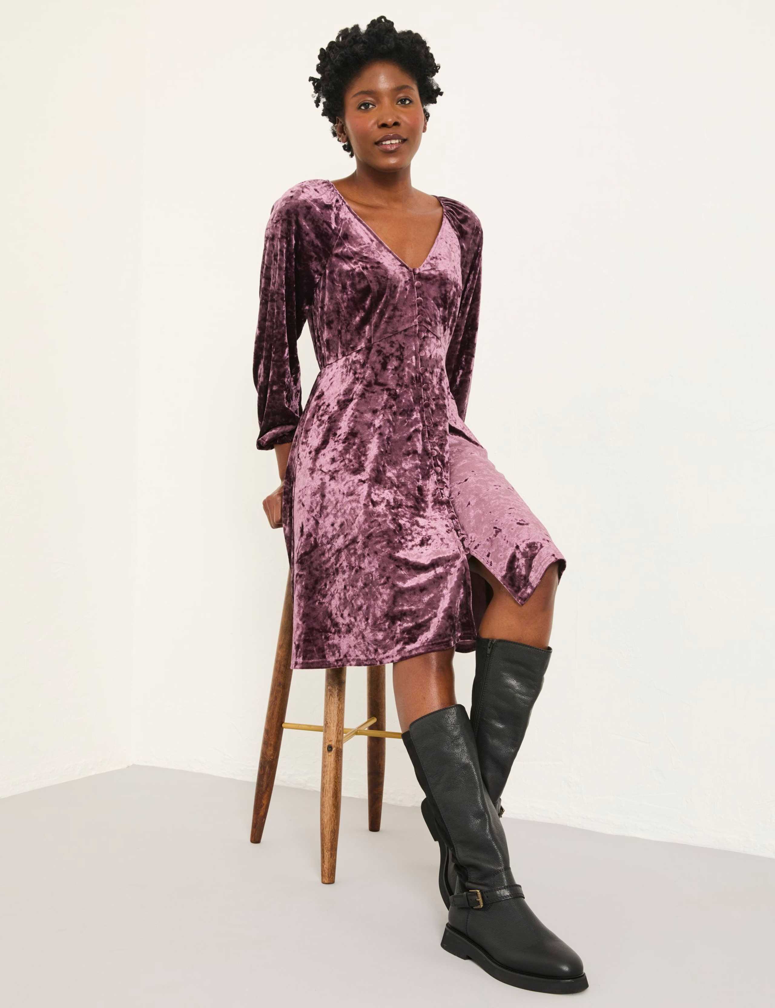 Velvet Textured V-Neck Mini Skater Dress 3 of 5