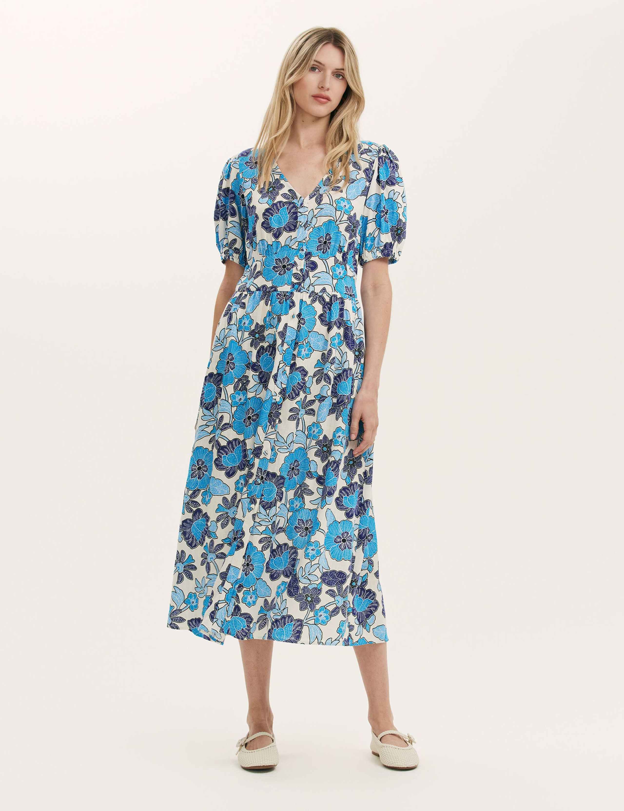 Floral V-Neck Midi Tea Dress With Linen 1 of 4