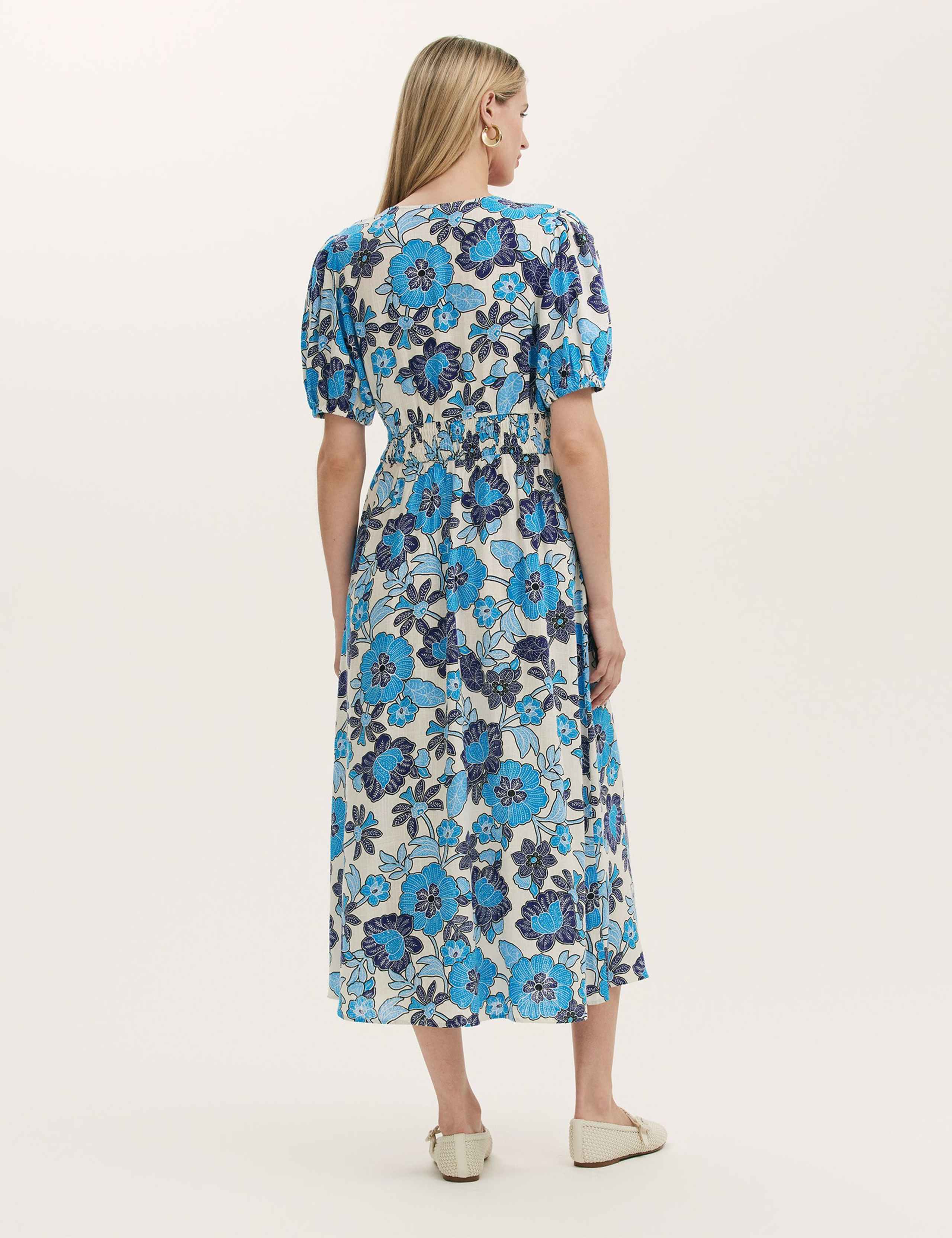 Floral V-Neck Midi Tea Dress With Linen 2 of 4