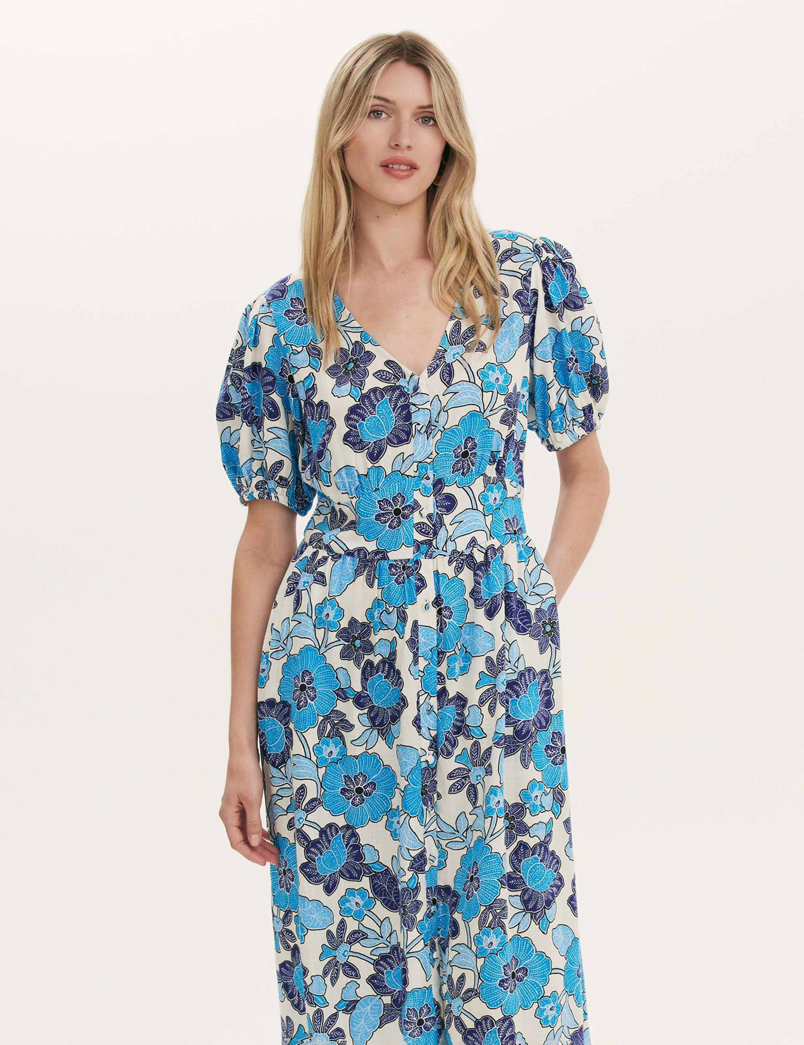 Floral V-Neck Midi Tea Dress With Linen 4 of 4