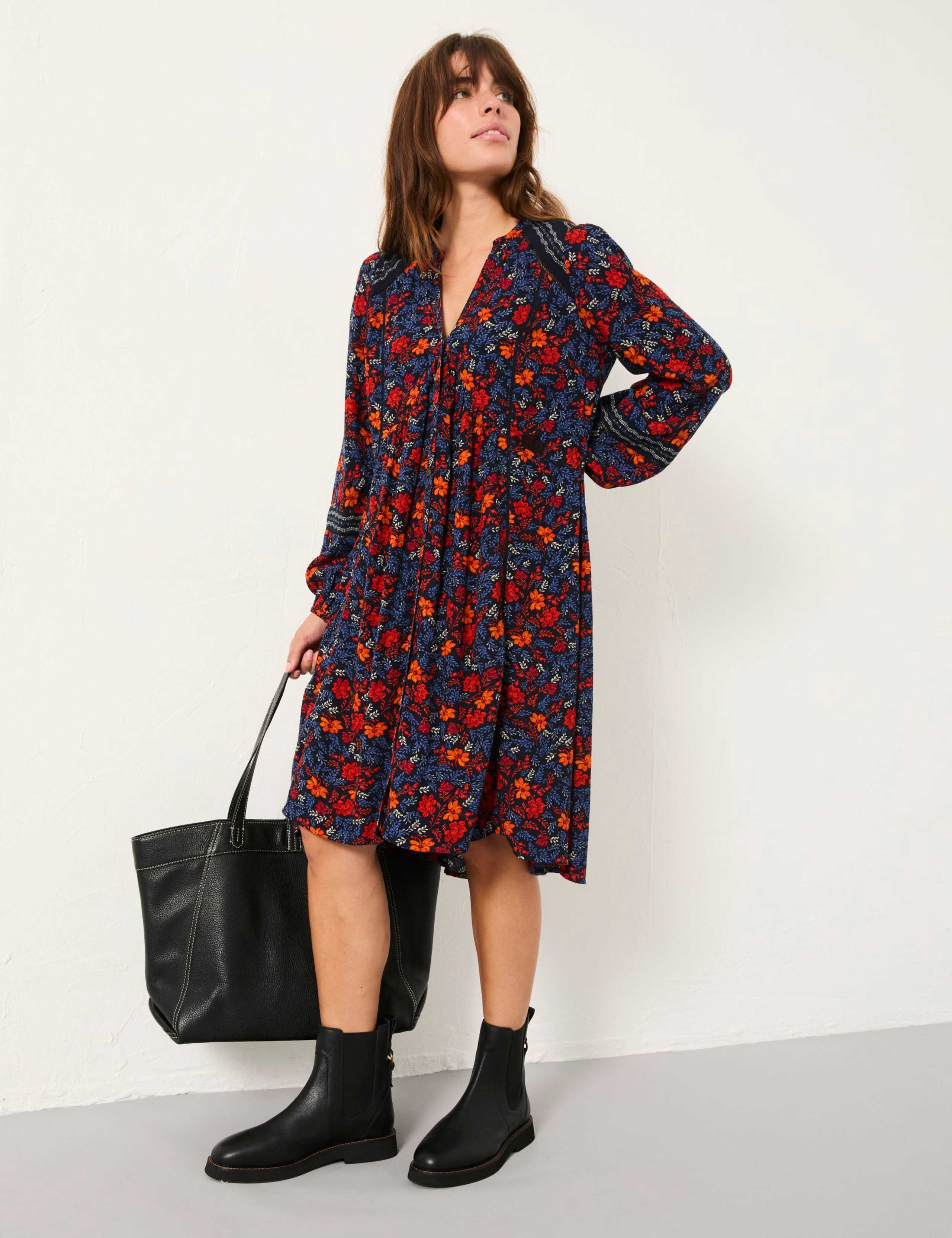 Floral Notch Neck Knee Length Waisted Dress 1 of 5