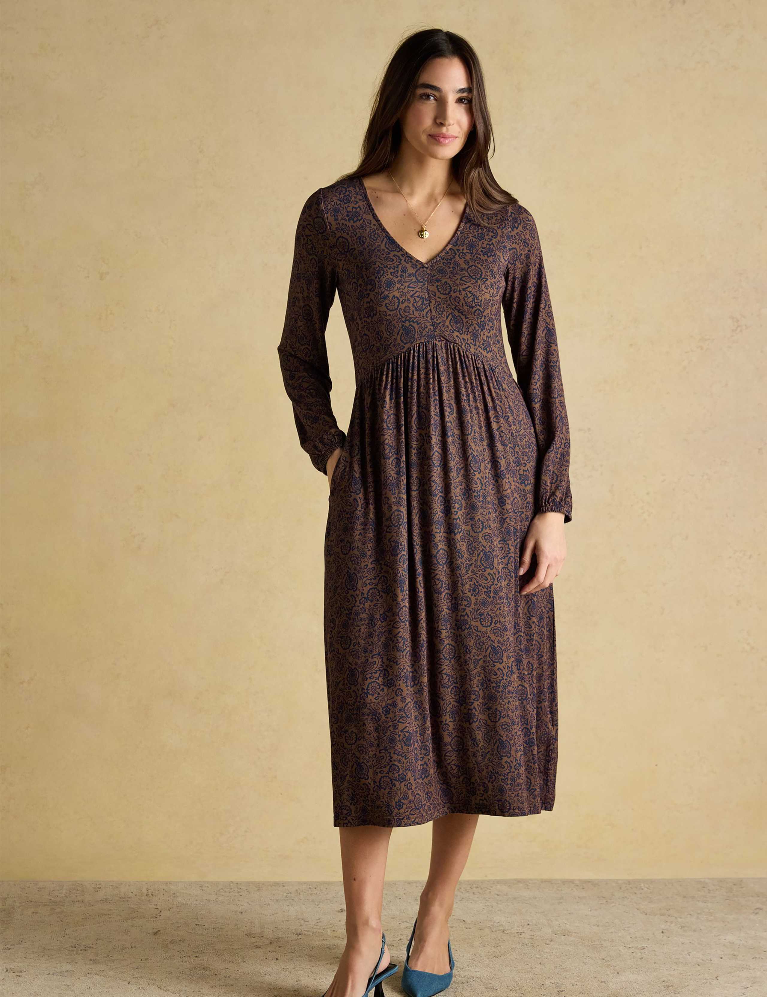 Jersey Floral V-Neck Midi Skater Dress 1 of 8