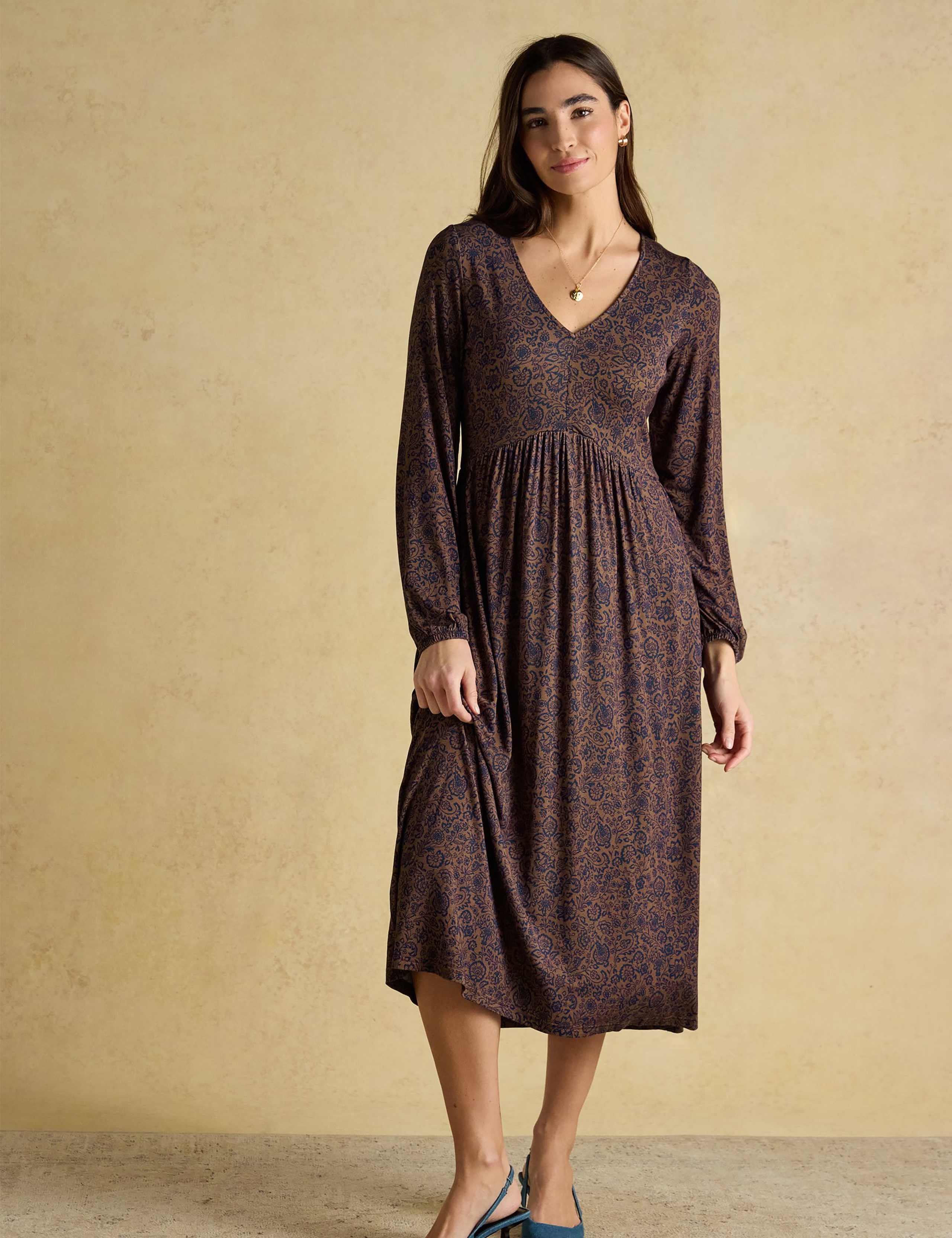 Jersey Floral V-Neck Midi Skater Dress 3 of 8