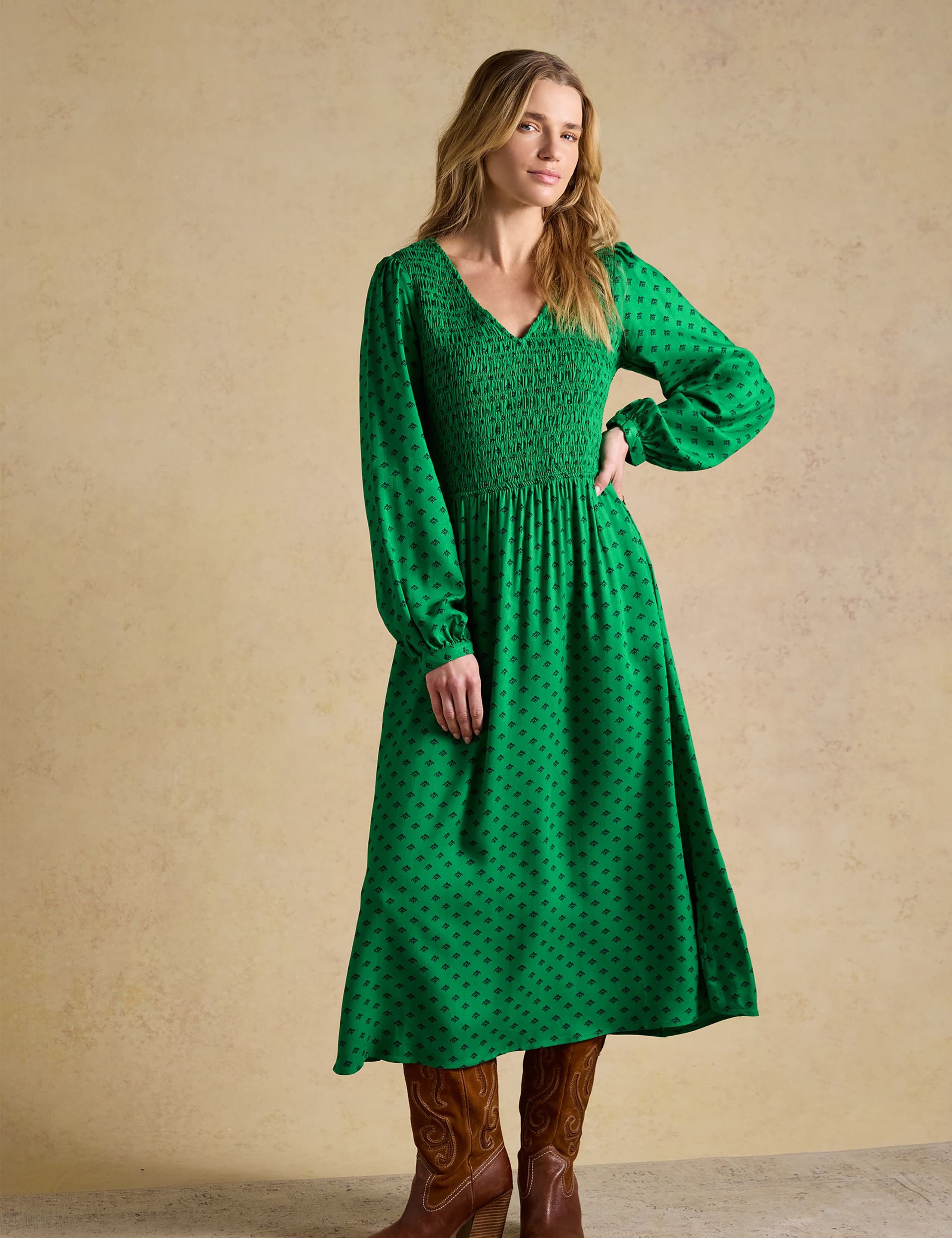 Printed V-Neck Midi Shirred Dress 3 of 9