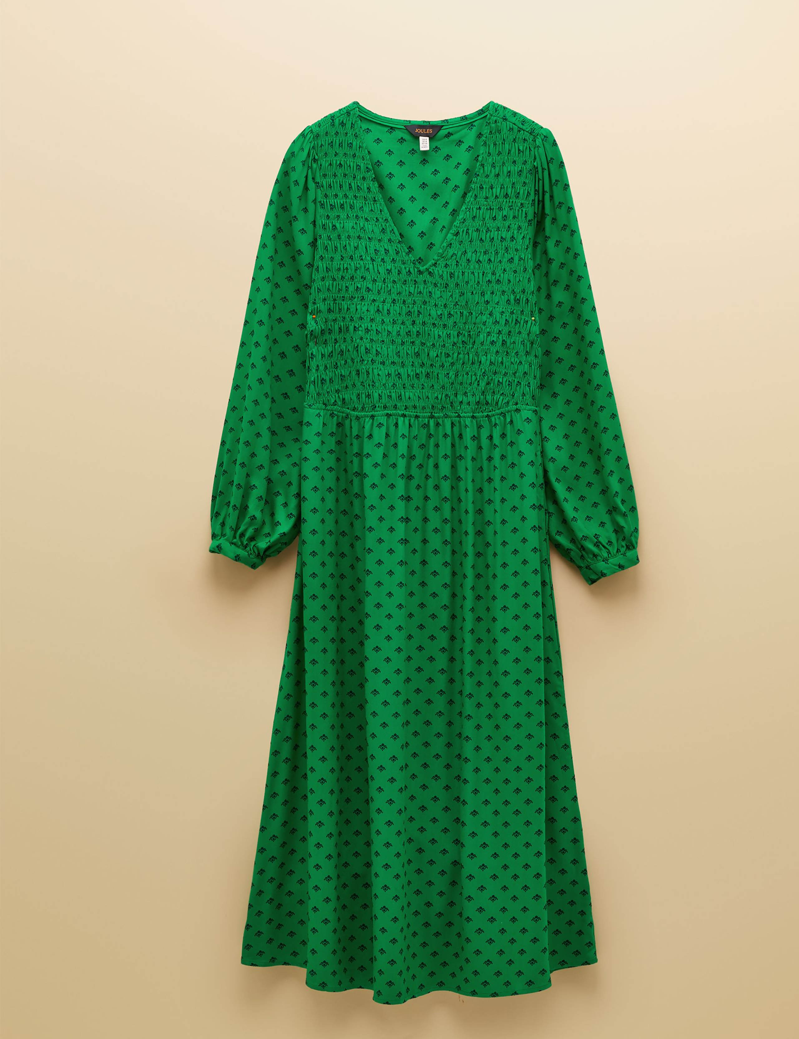 Printed V-Neck Midi Shirred Dress 2 of 9