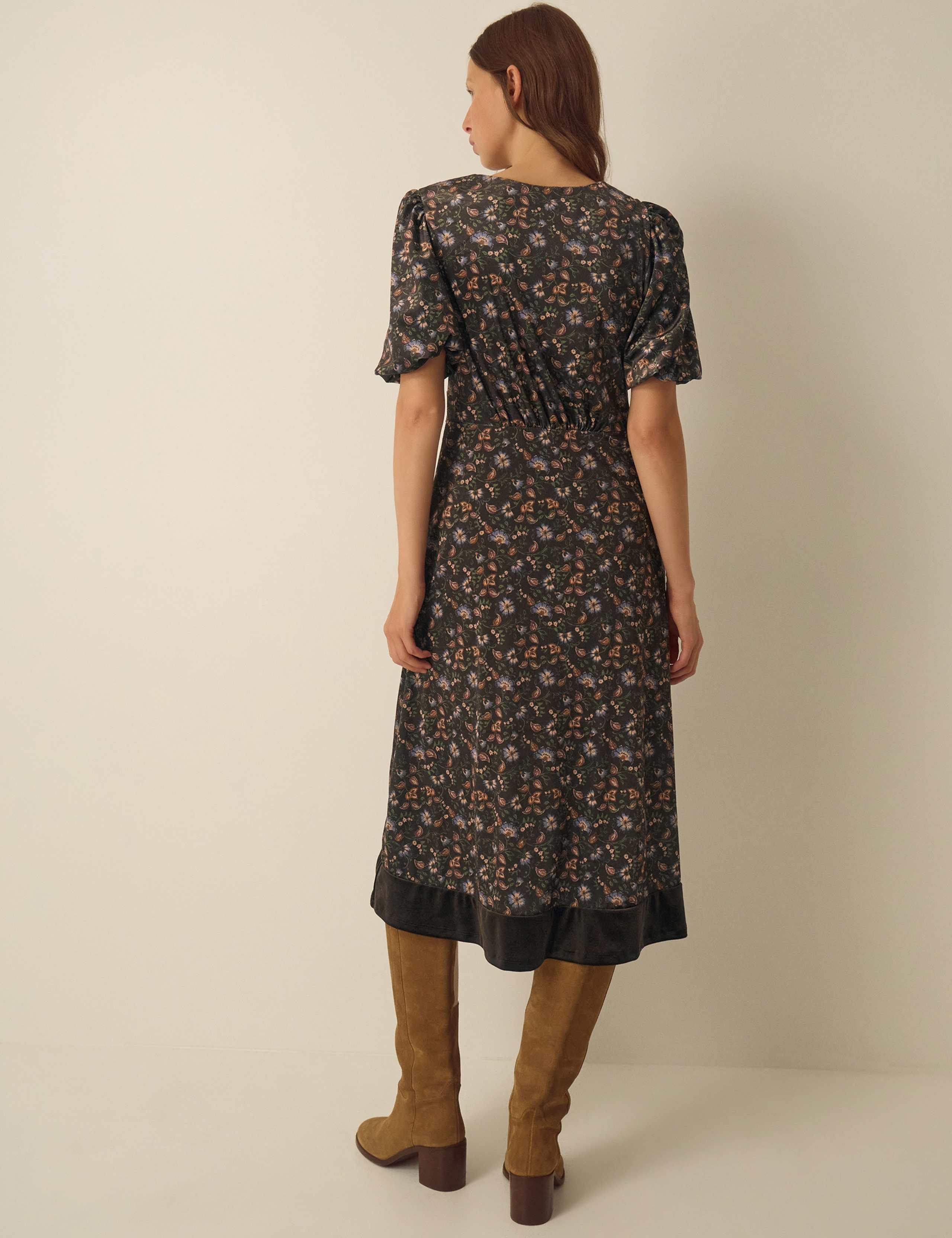 Velvet Printed V Neck Midi Tea Dress 3 of 5