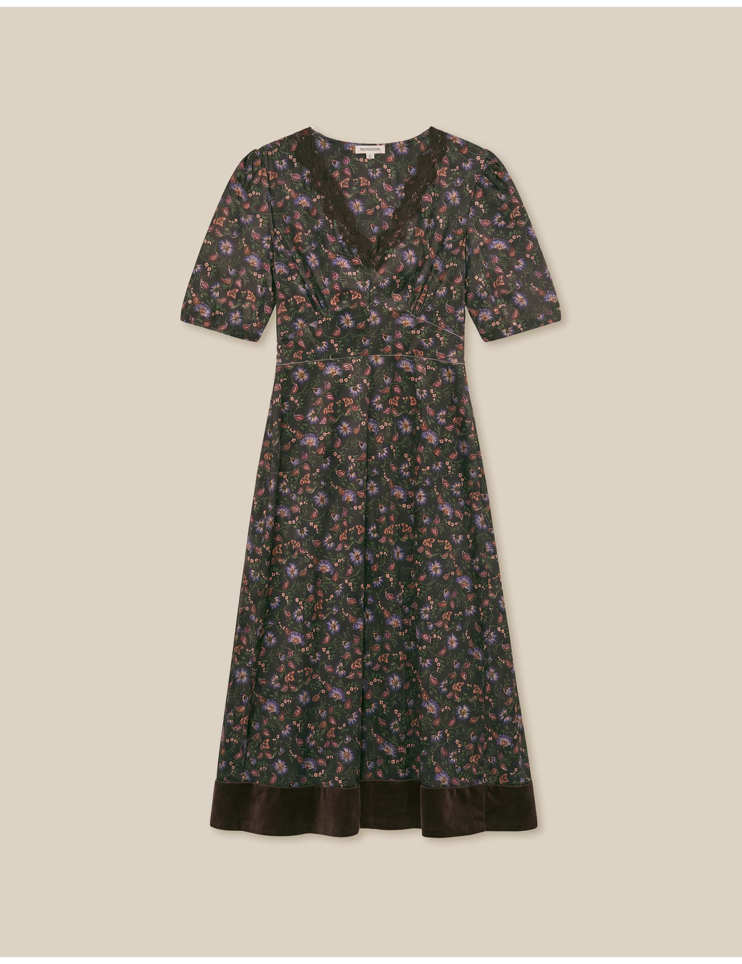Velvet Printed V Neck Midi Tea Dress 2 of 5