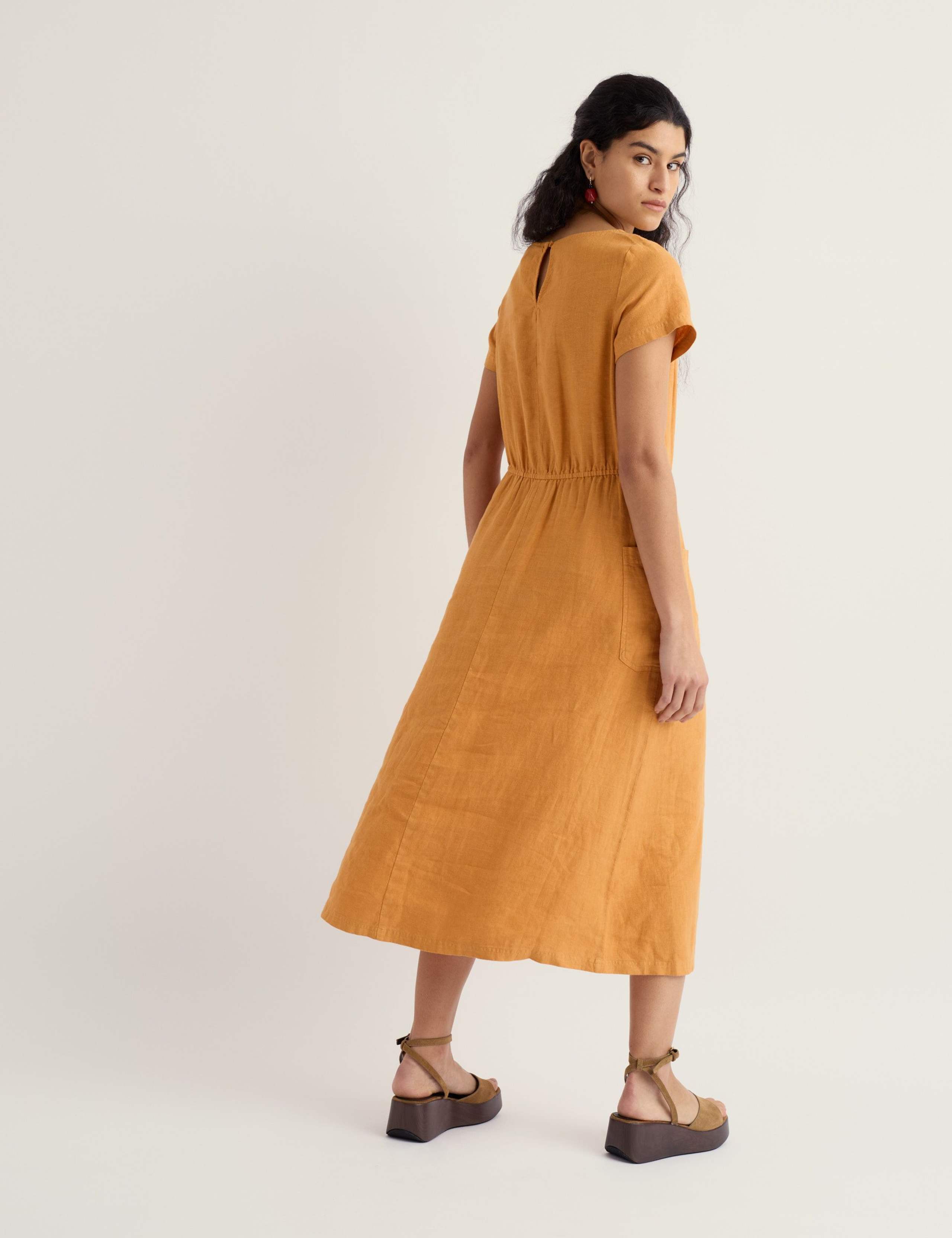 Pure Linen Round Neck Midi Waisted Dress 3 of 5