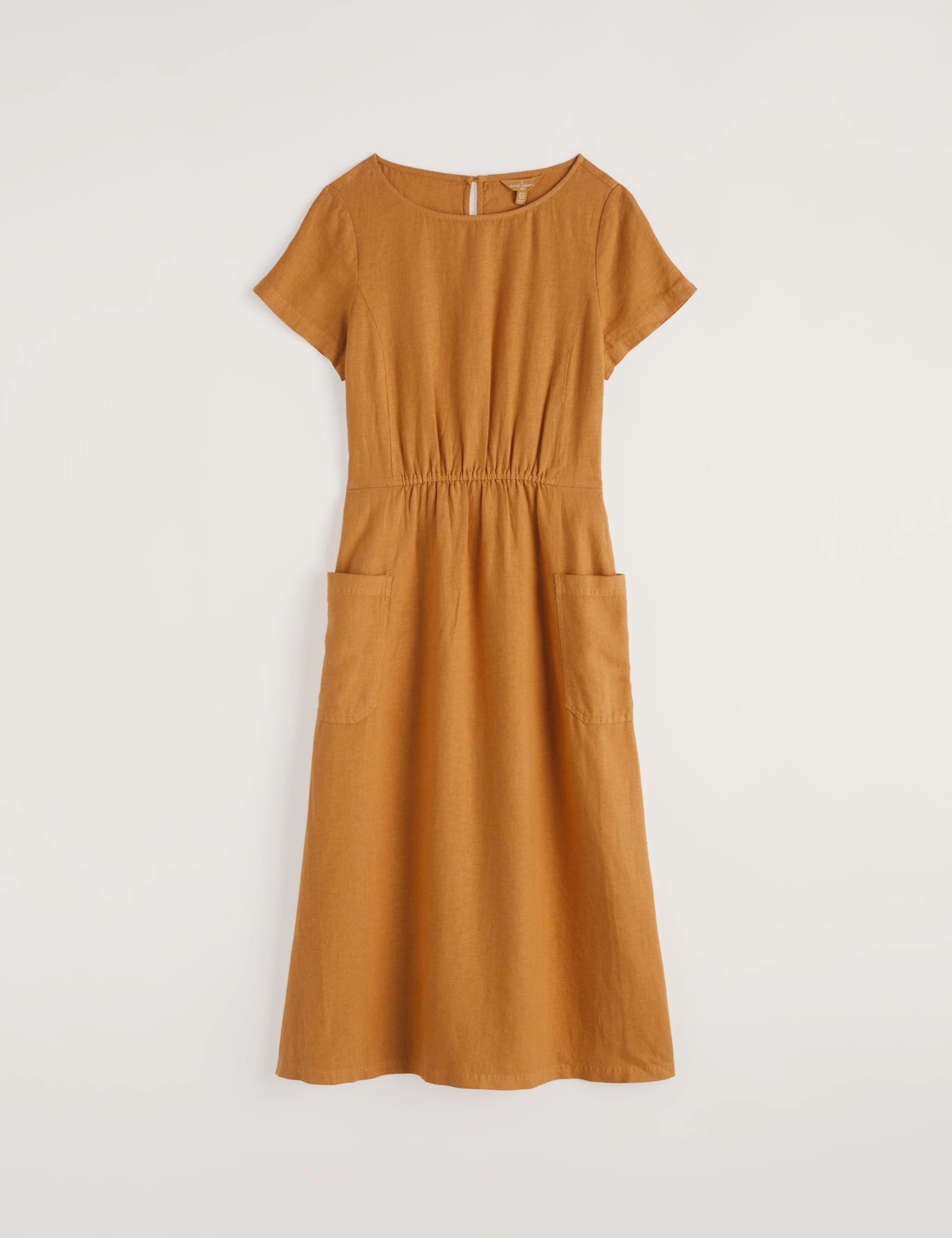 Pure Linen Round Neck Midi Waisted Dress 2 of 5