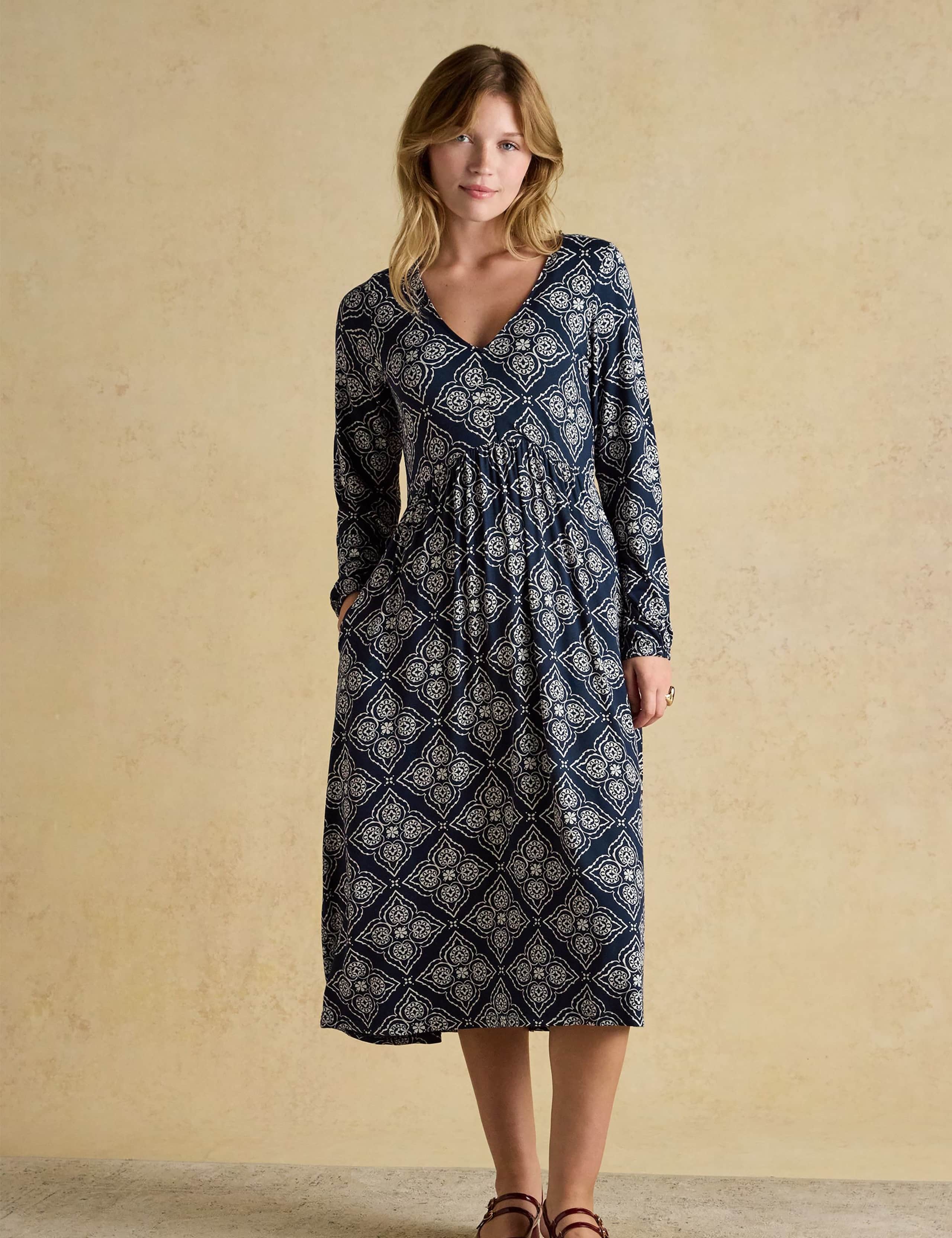 Jersey Geometric V-Neck Midi Skater Dress 1 of 8