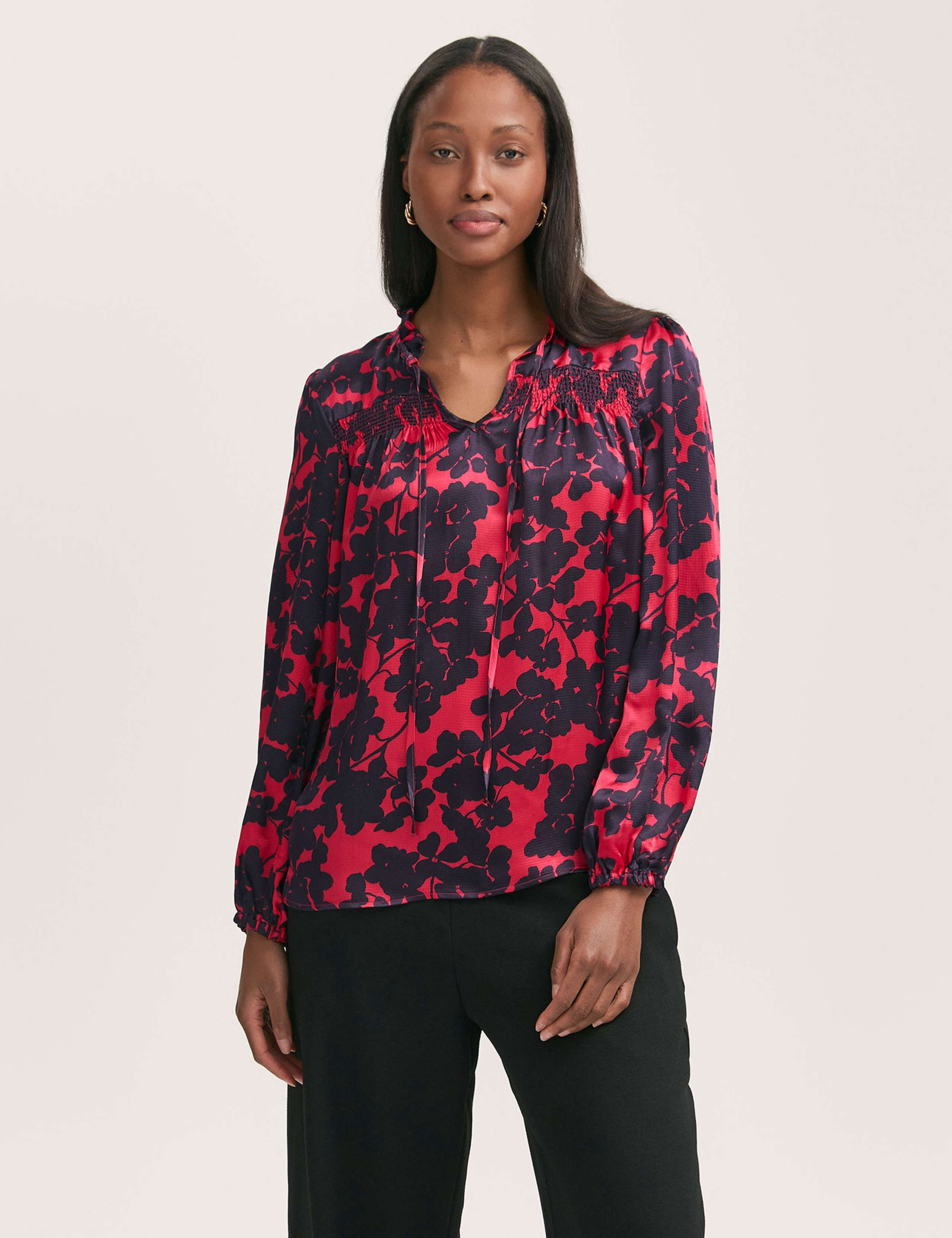 Crepe Floral Tie Neck Shirred Blouse 1 of 4