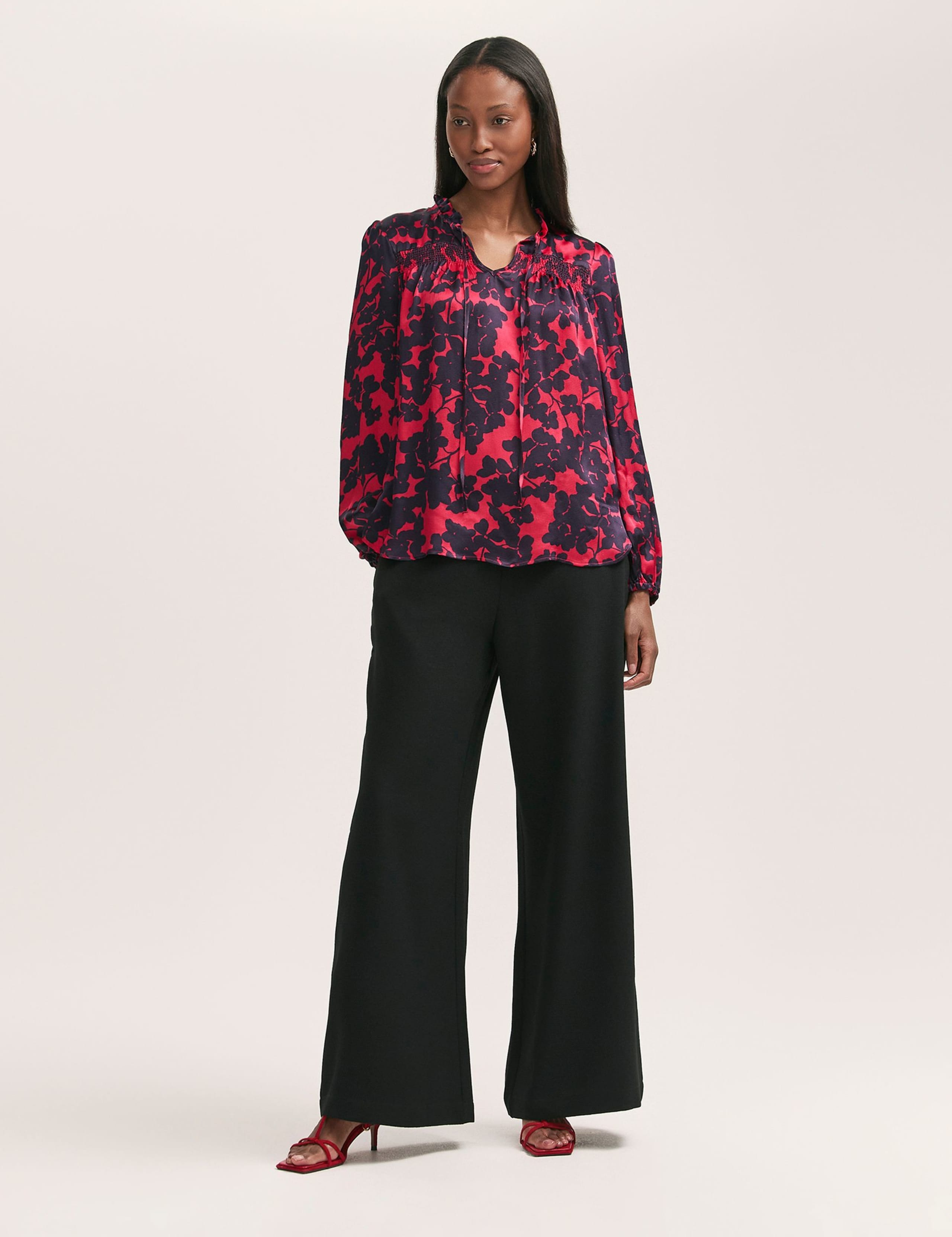 Crepe Floral Tie Neck Shirred Blouse 2 of 4