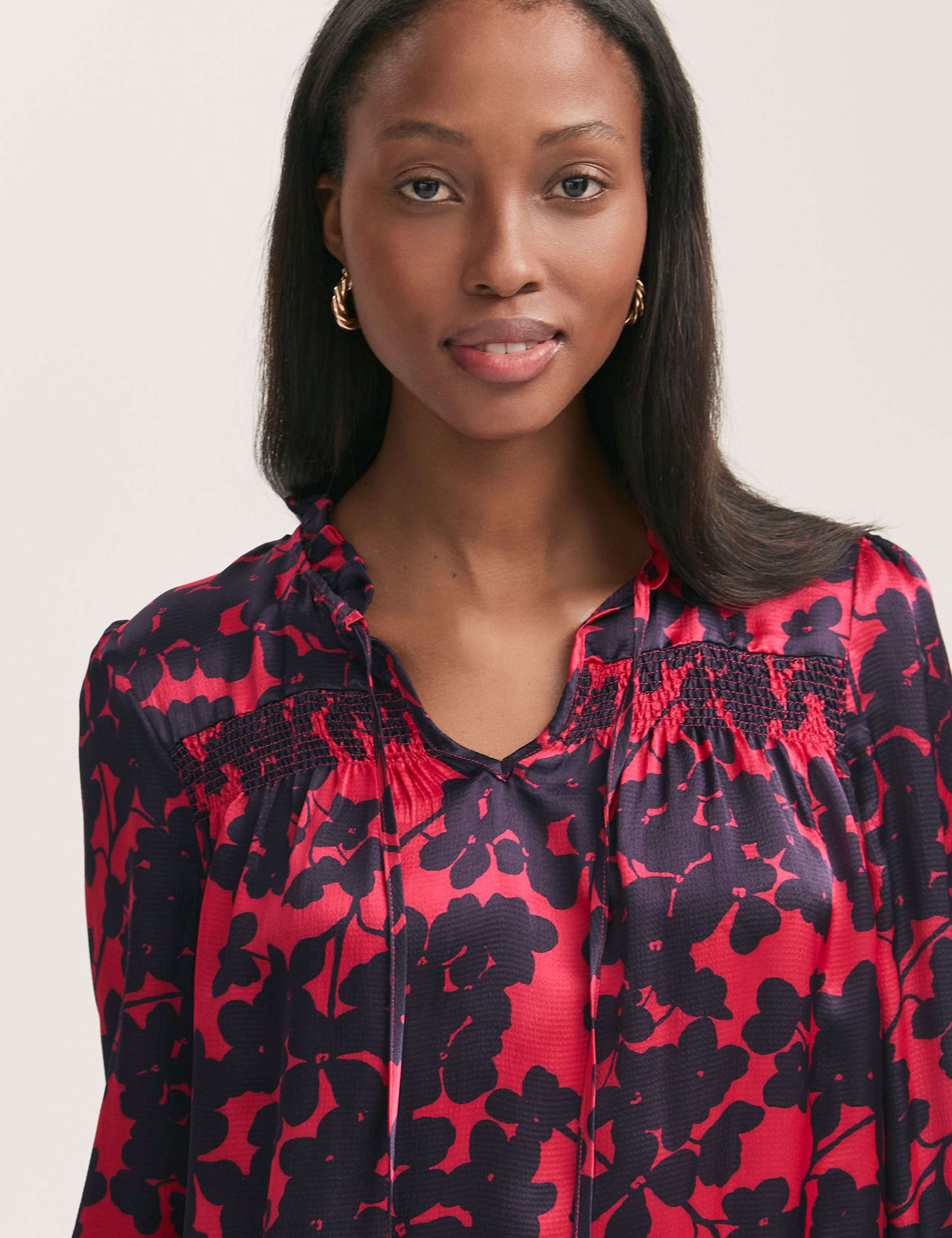 Crepe Floral Tie Neck Shirred Blouse 4 of 4