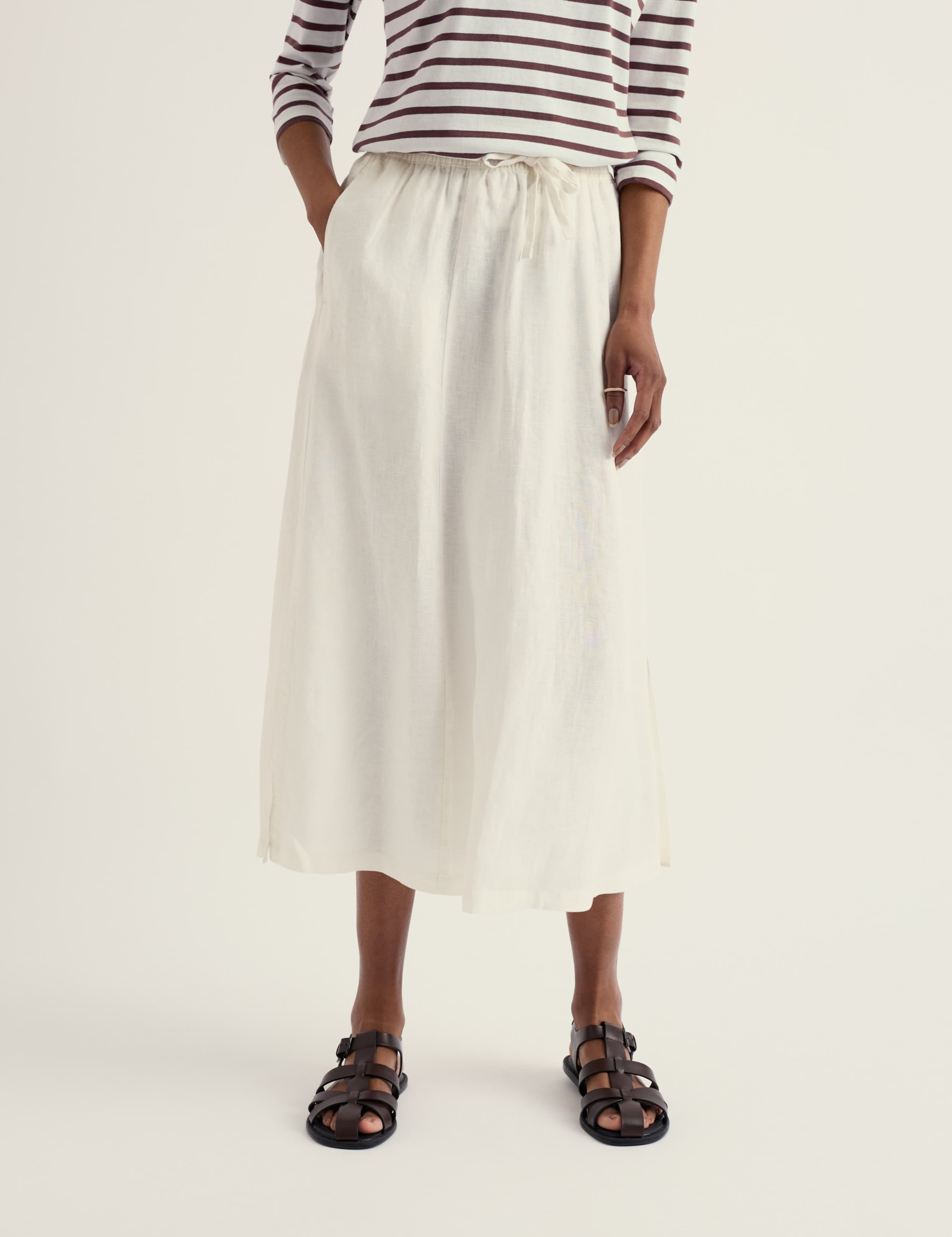 Pure Linen Side Split Midi A-Line Skirt 3 of 5