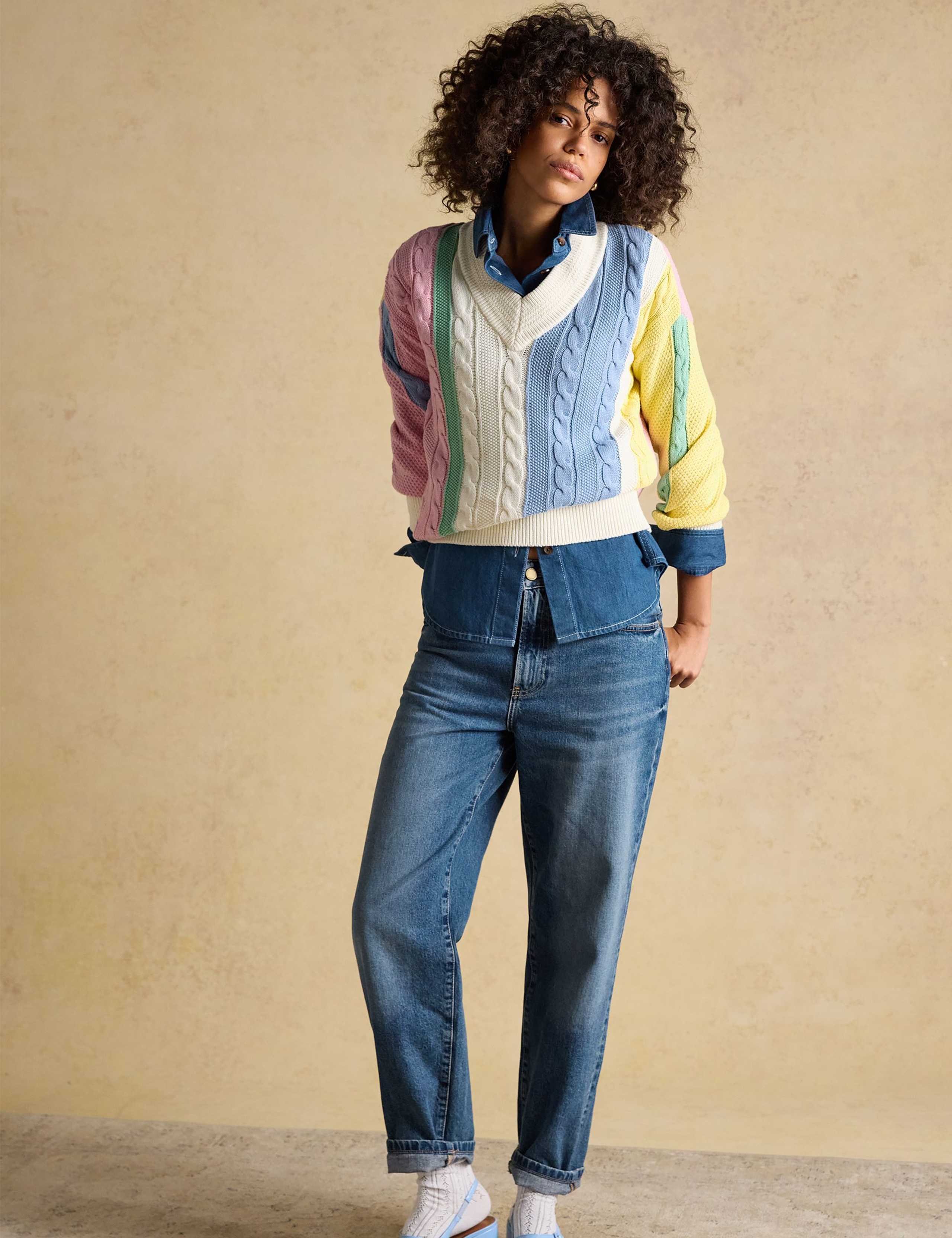 Pure Cotton Striped Cable Knit V-Neck Jumper 3 of 7