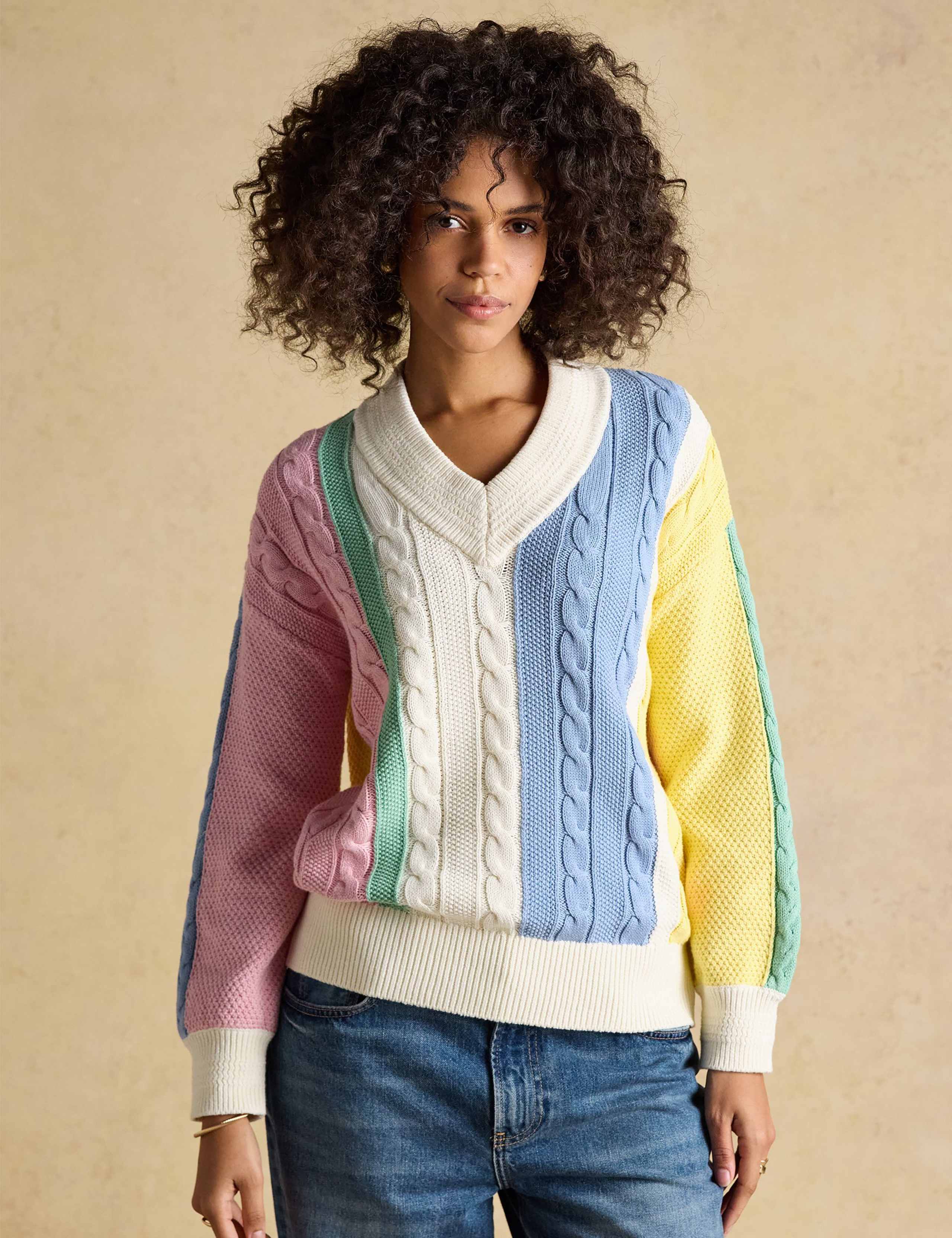 Pure Cotton Striped Cable Knit V-Neck Jumper 4 of 7