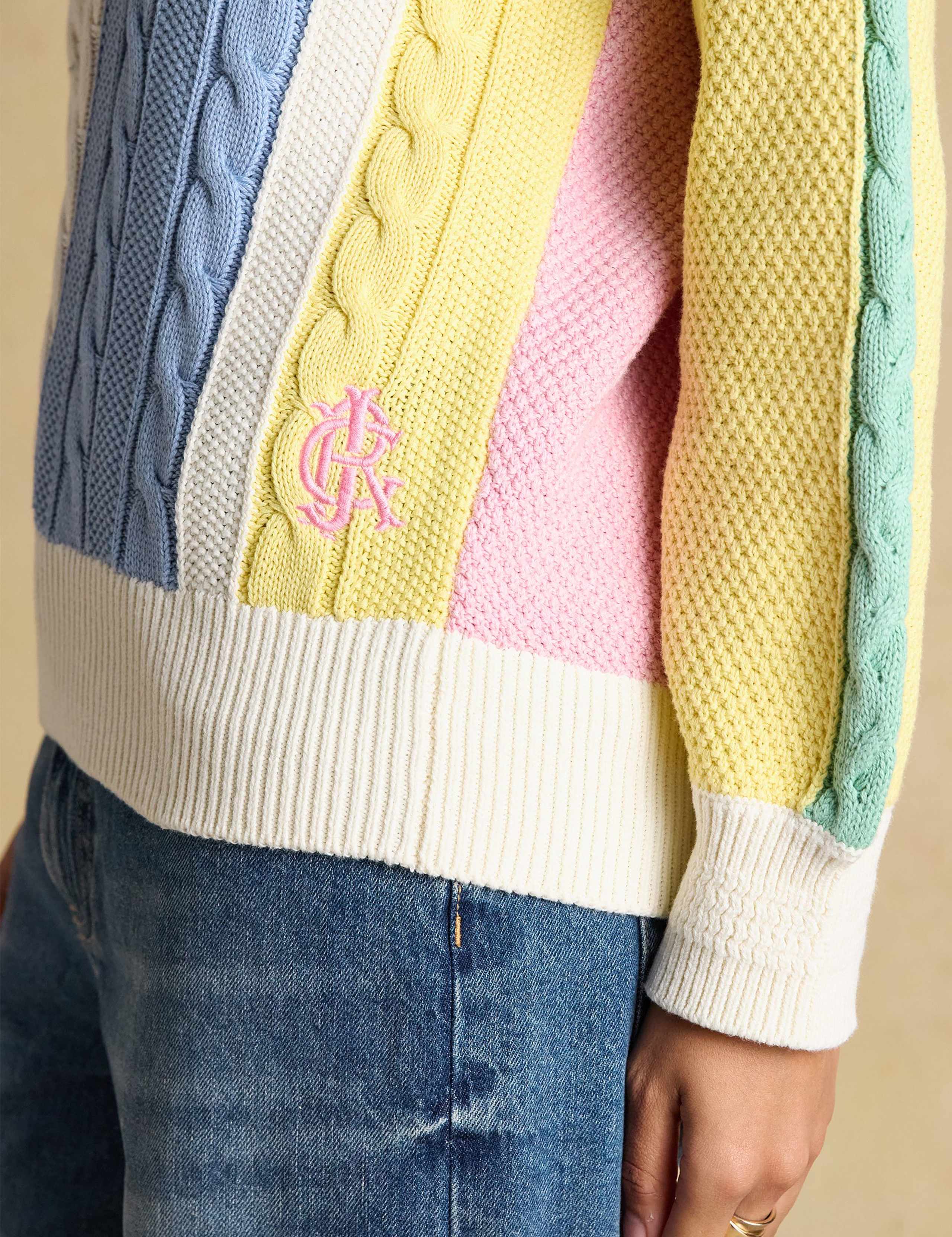 Pure Cotton Striped Cable Knit V-Neck Jumper 7 of 7