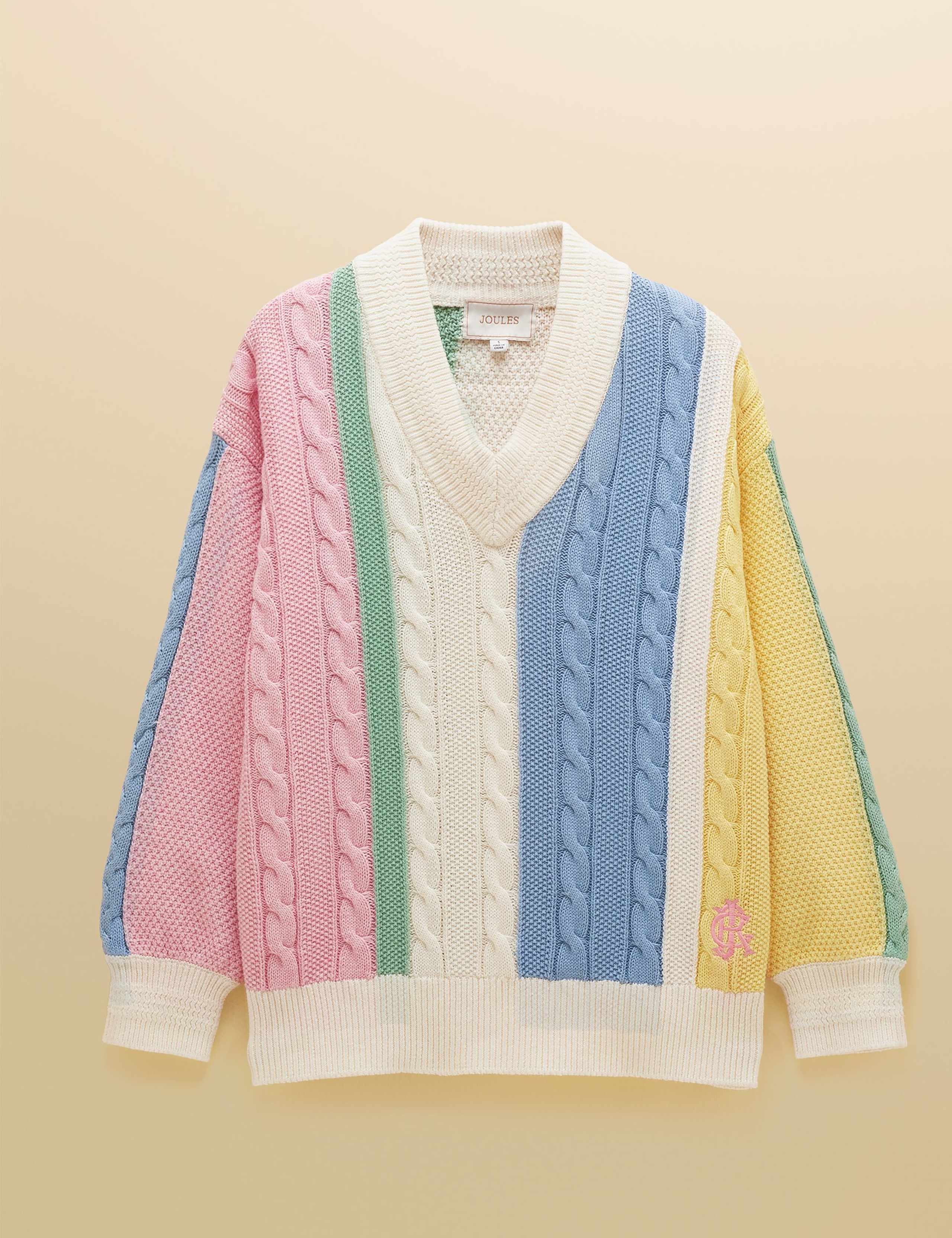 Pure Cotton Striped Cable Knit V-Neck Jumper 2 of 7