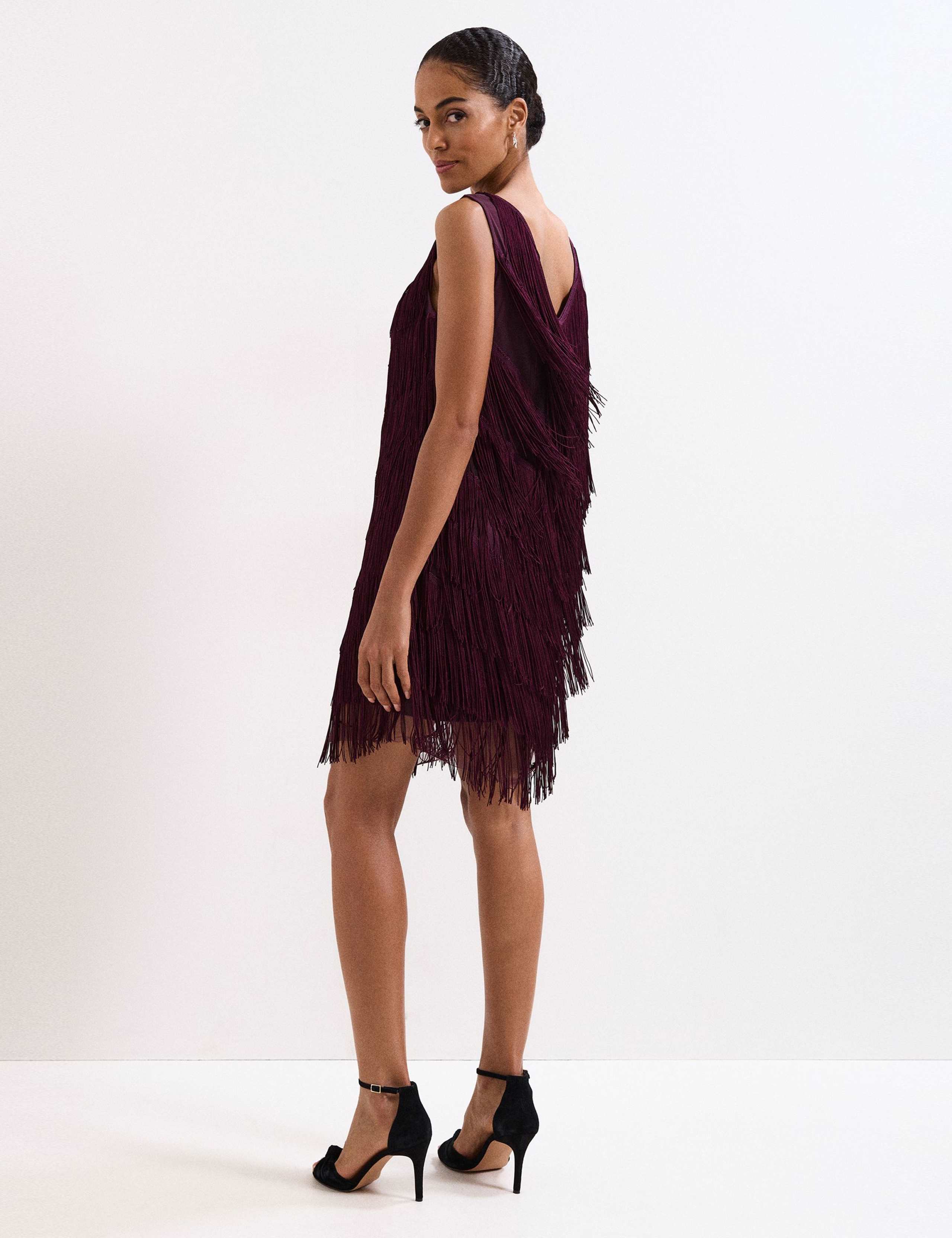 V-Neck Fringed Knee Length Shift Dress 3 of 6