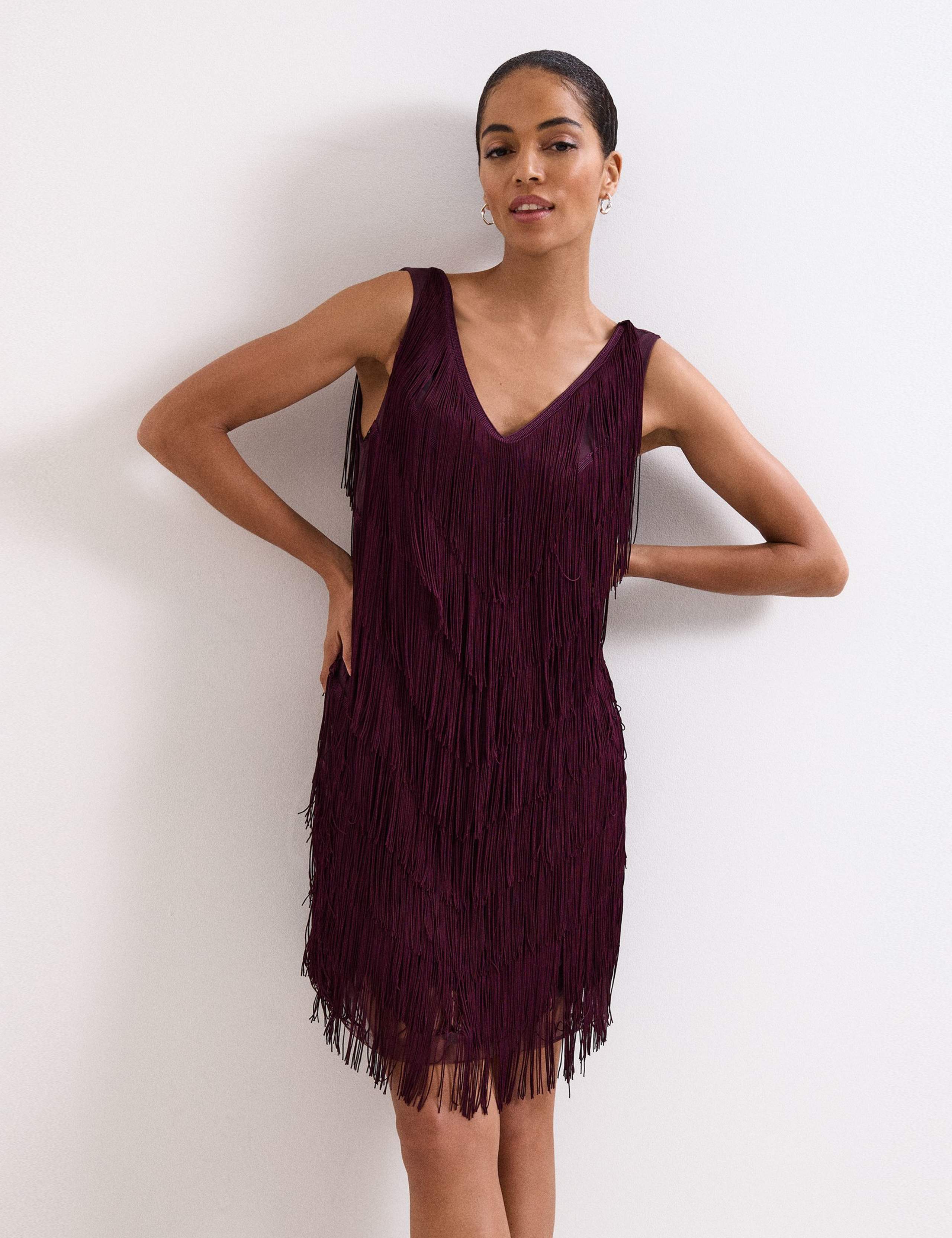 V-Neck Fringed Knee Length Shift Dress 4 of 6