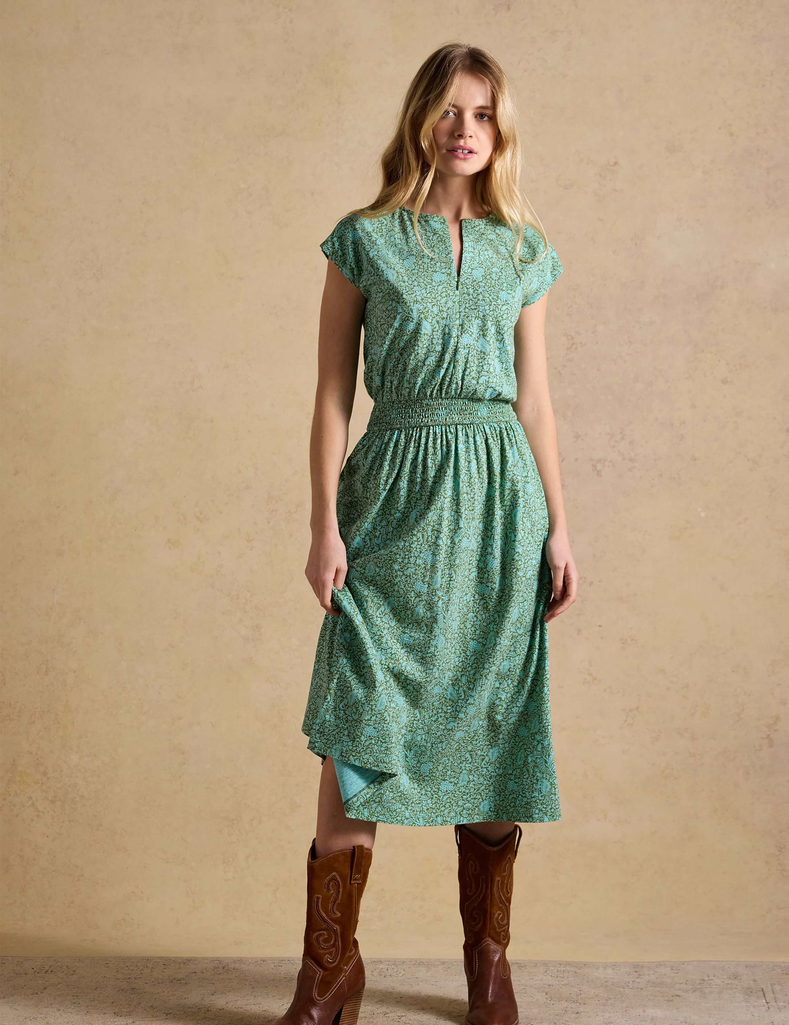 Pure Cotton Floral Midi Shirred Dress 4 of 8