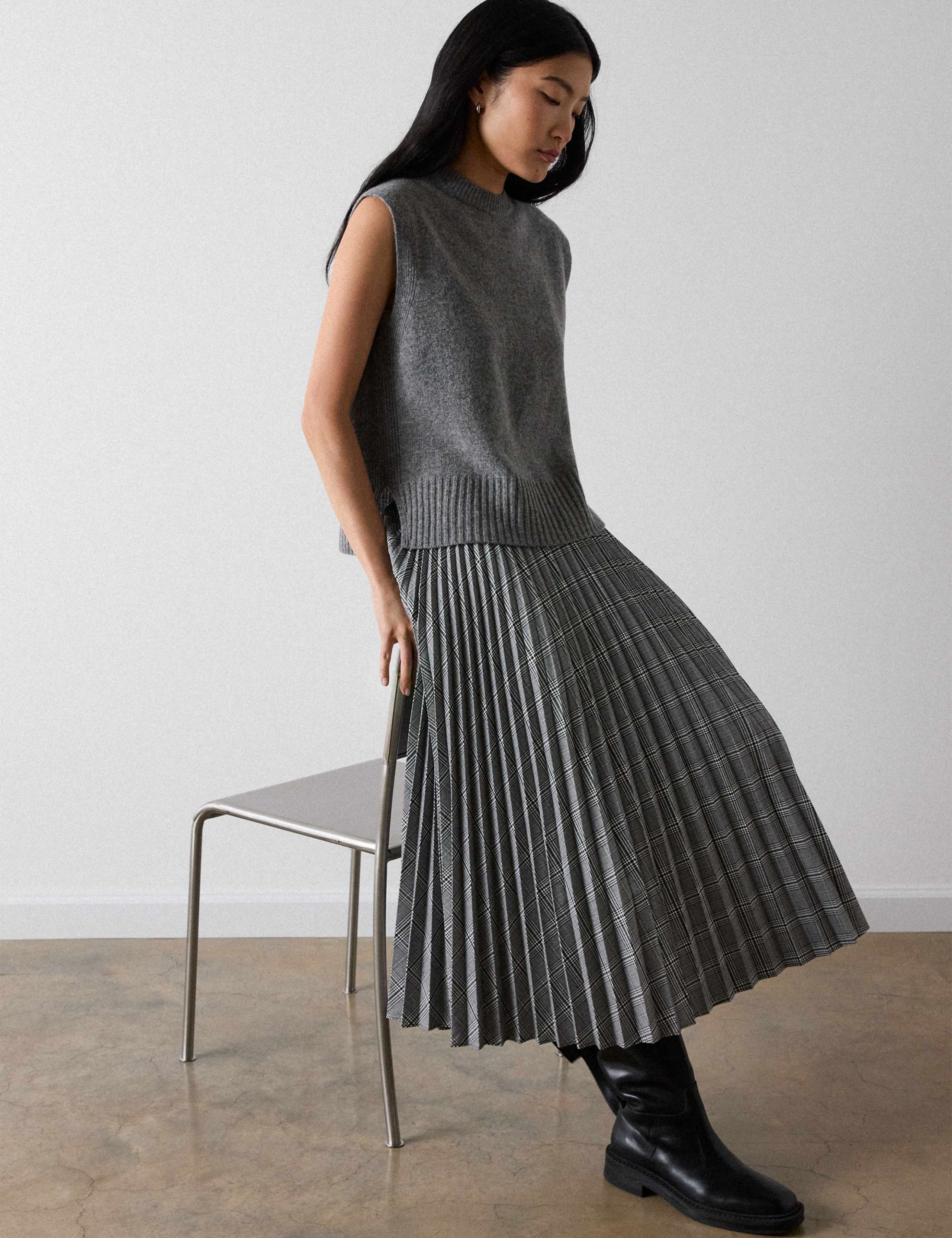 Checked Pleated Midi A-Line Skirt 7 of 7