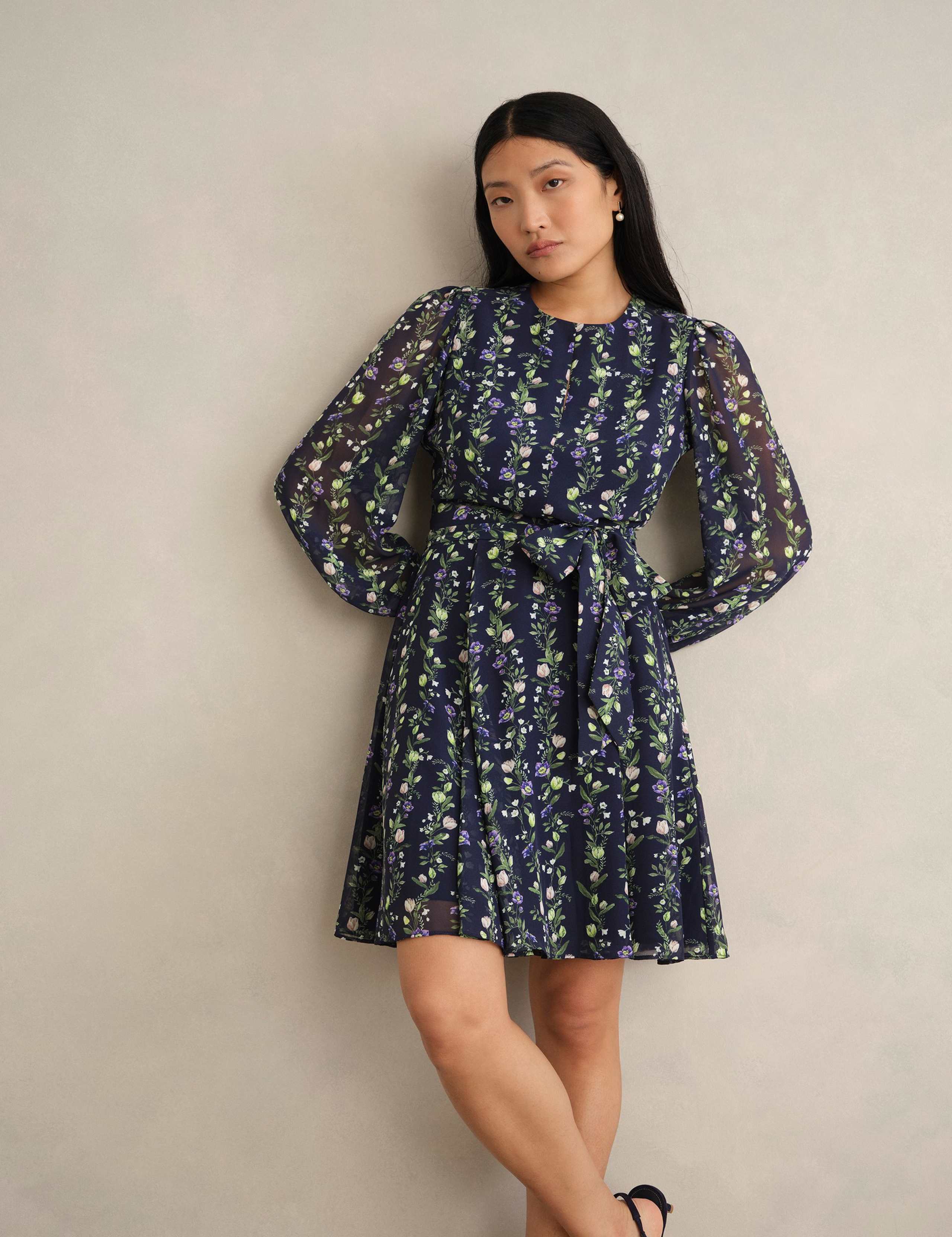 Chiffon Floral Tie Waist Shift Dress 1 of 6
