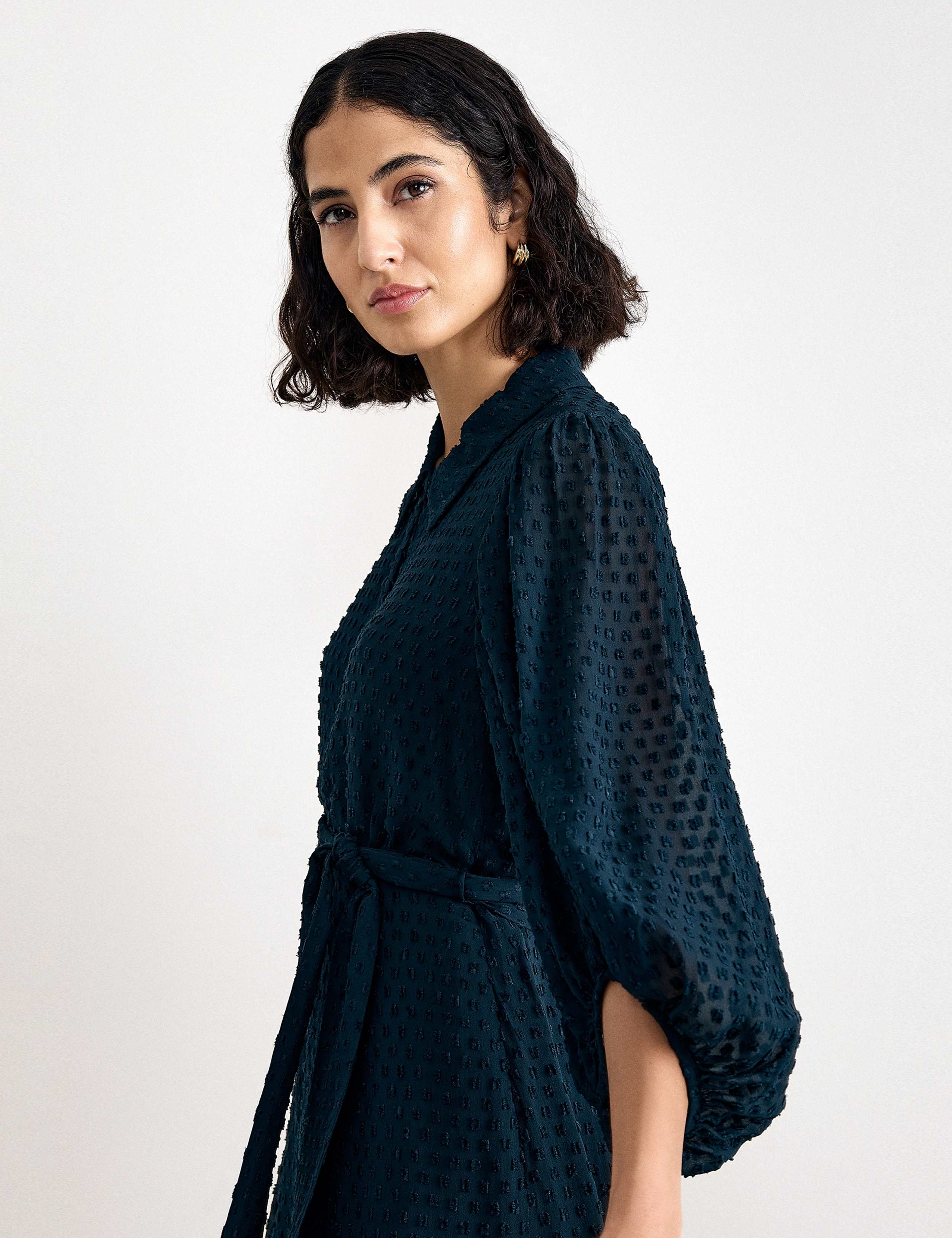 Sheer Textured Belted Shirt Dress 3 of 8
