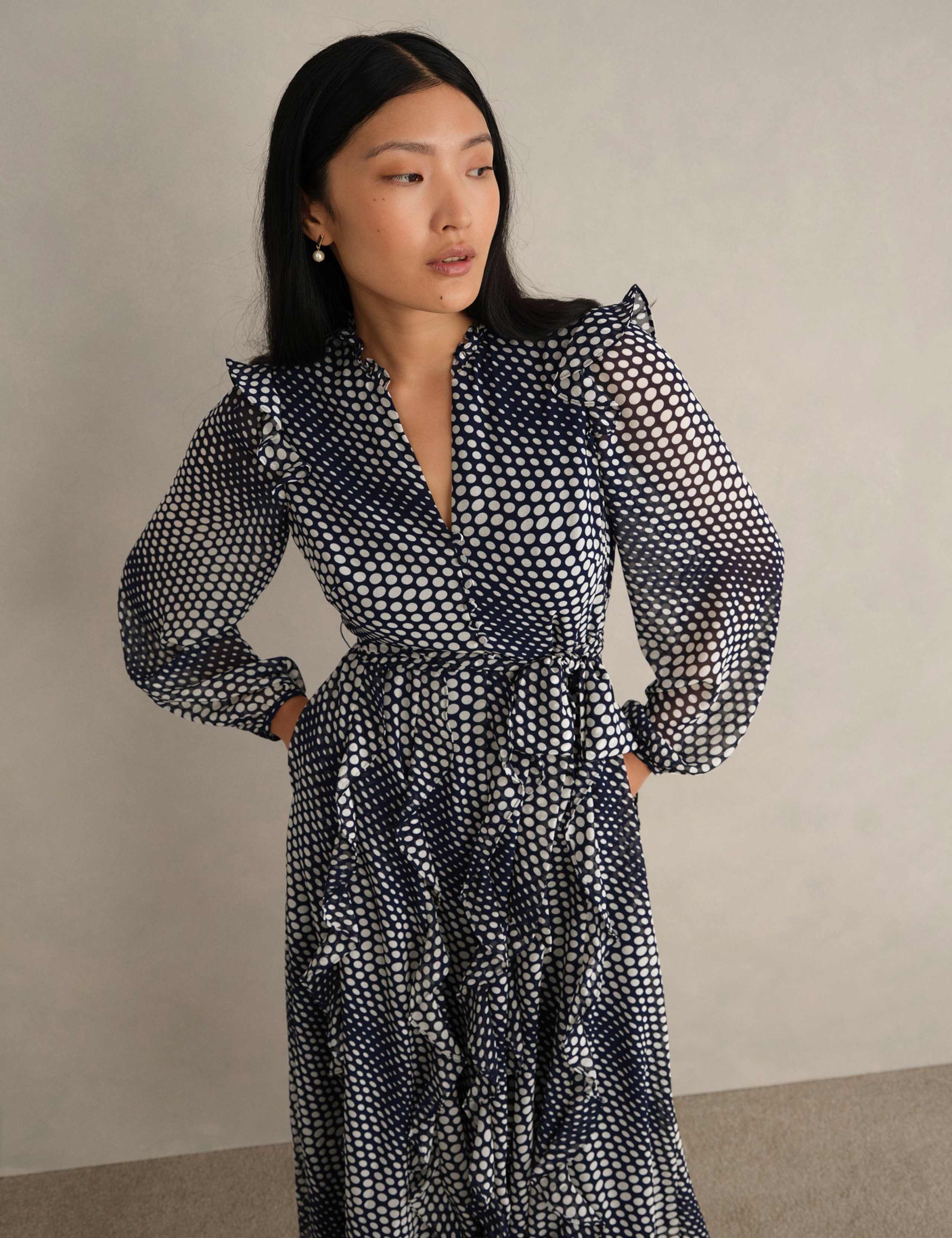 Polka Dot Ruffle Knee Length Wrap Dress 3 of 6