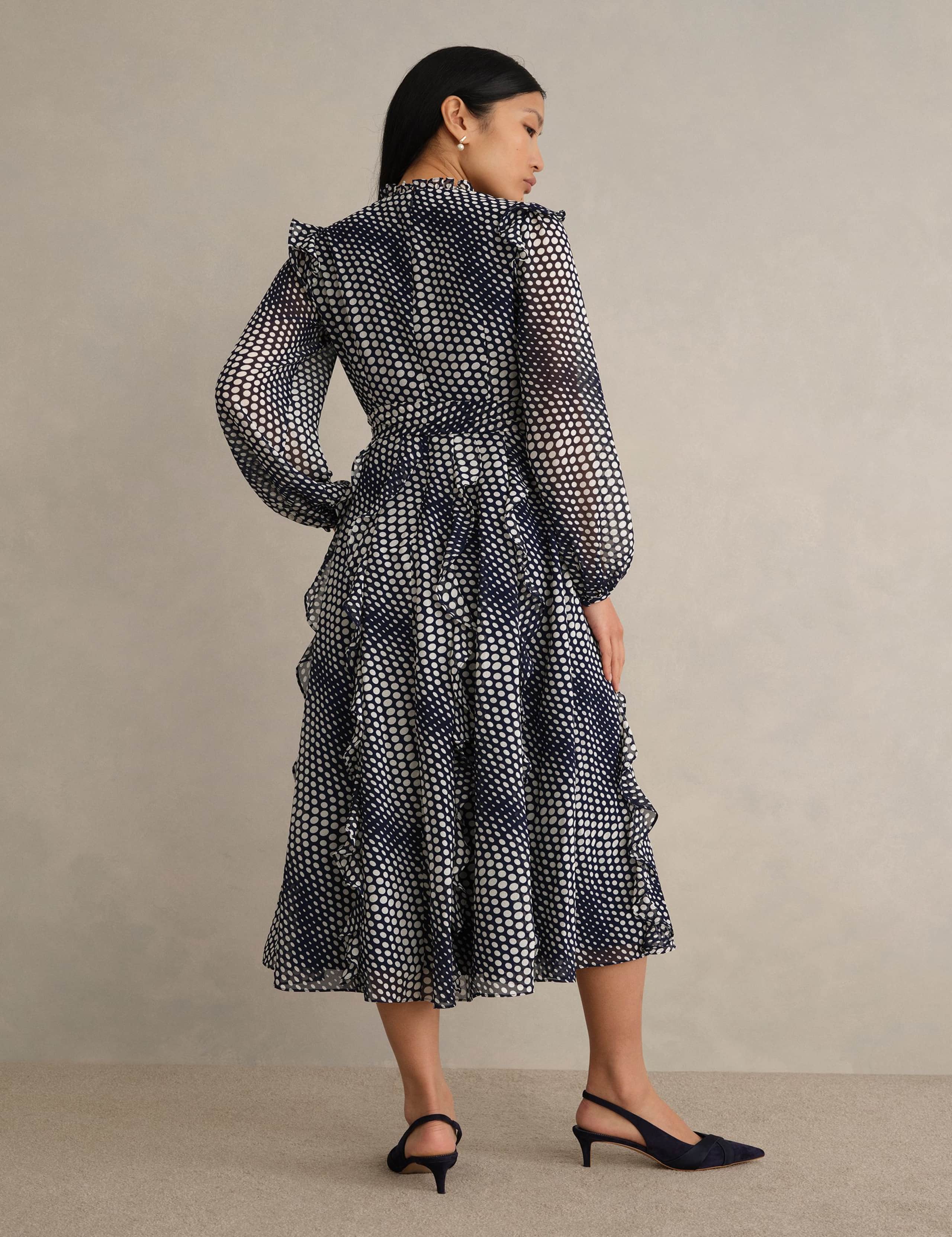 Polka Dot Ruffle Knee Length Wrap Dress 4 of 6