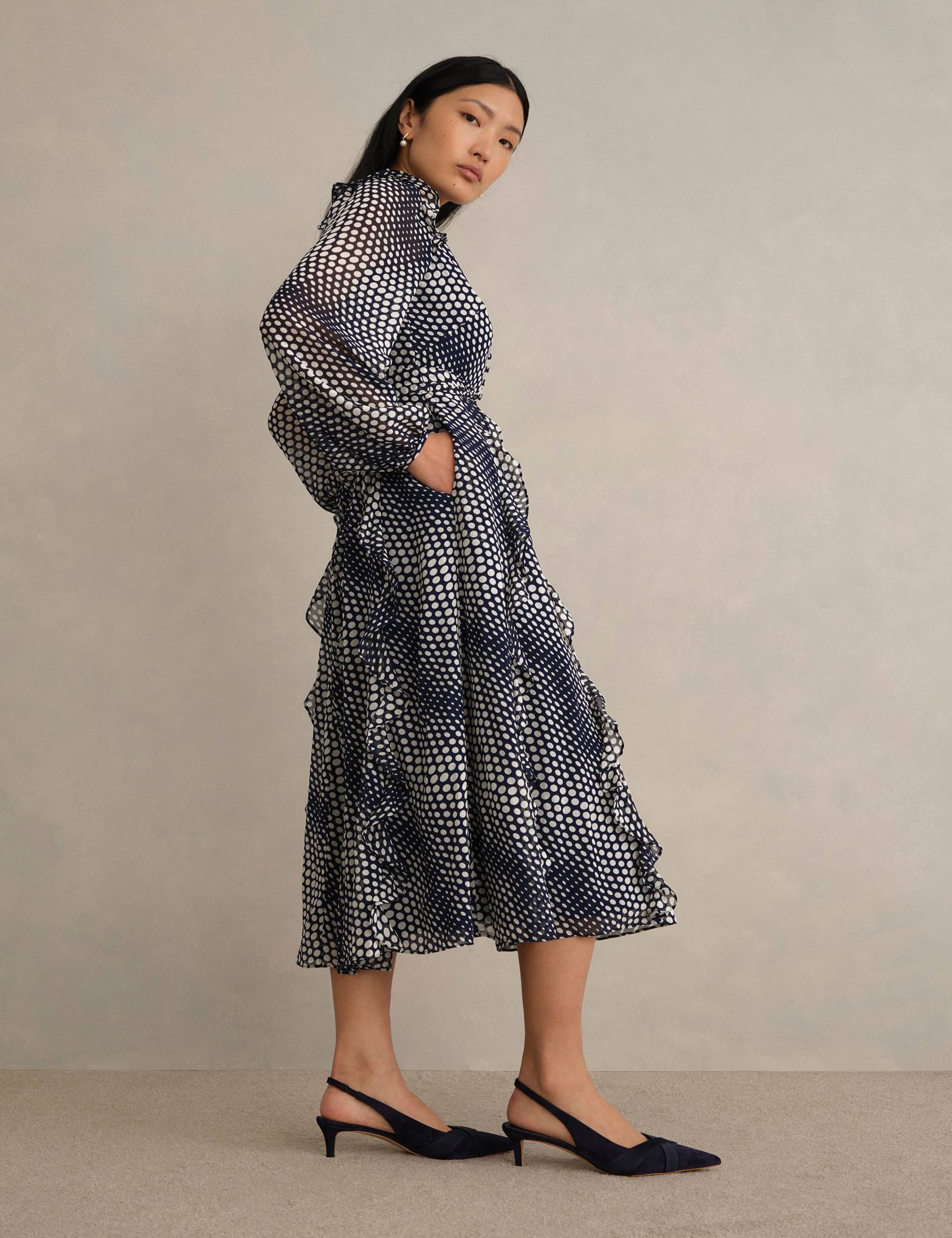 Polka Dot Ruffle Knee Length Wrap Dress 6 of 6