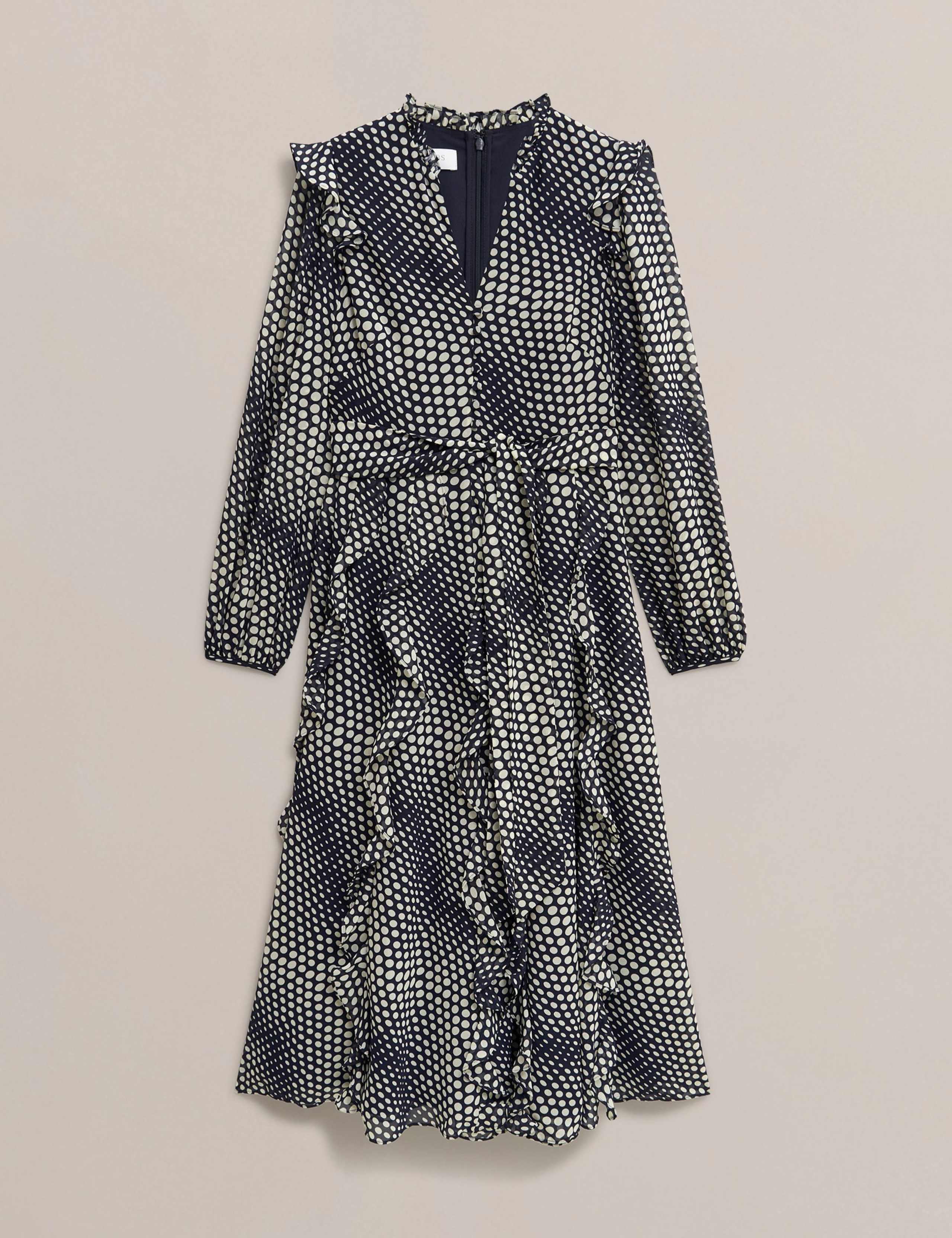 Polka Dot Ruffle Knee Length Wrap Dress 2 of 6