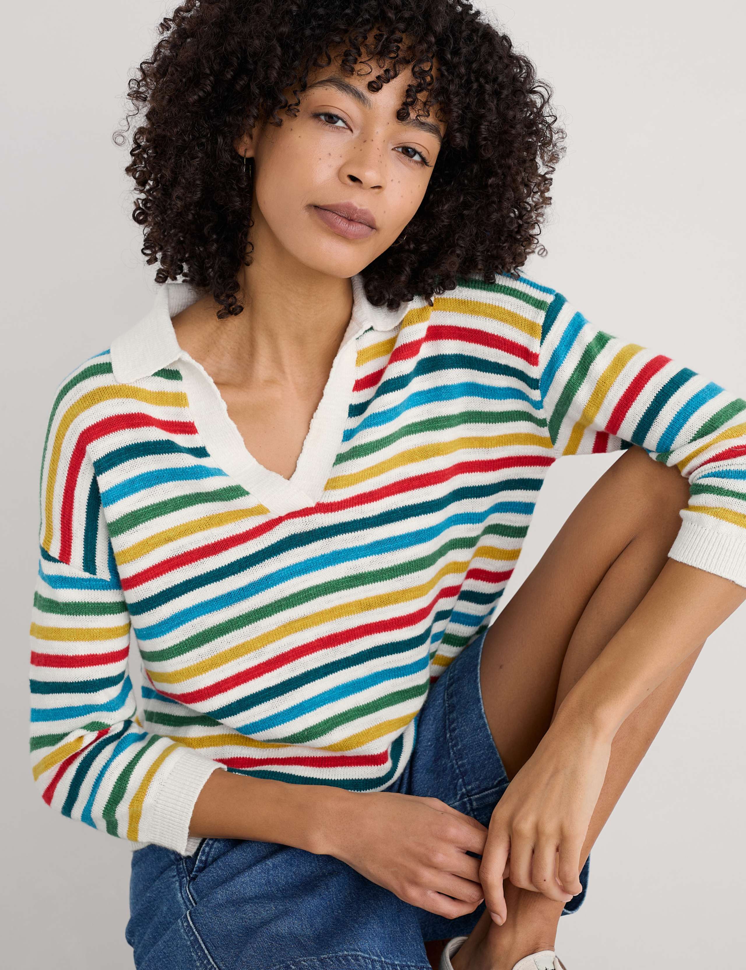 Cotton Rich Striped Collared Jumper with Linen 3 of 4