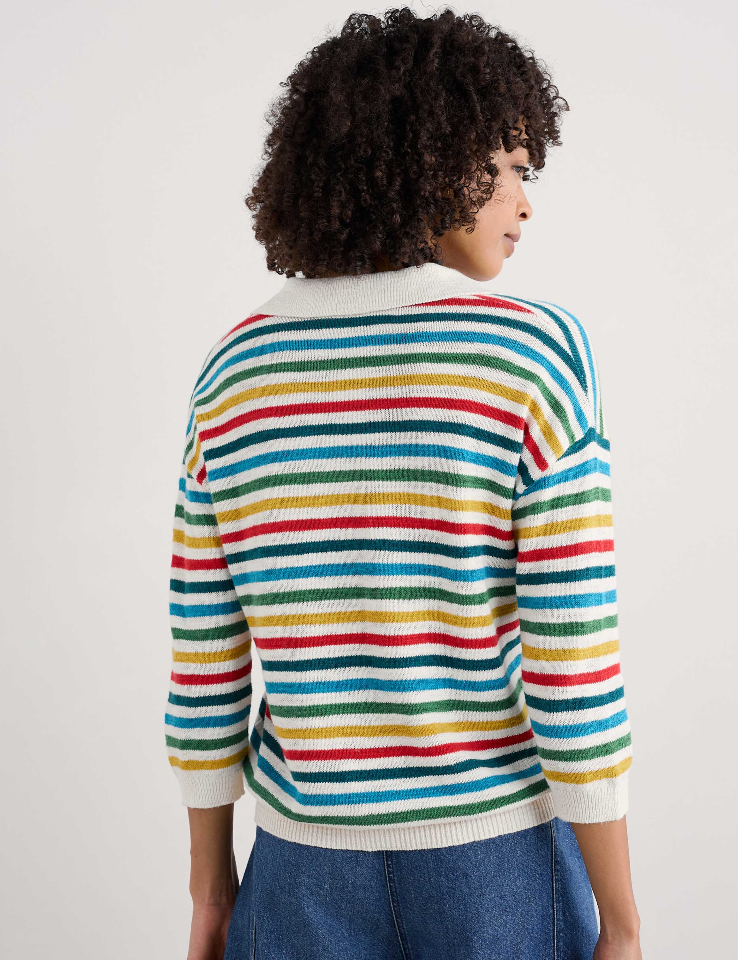 Cotton Rich Striped Collared Jumper with Linen 4 of 4