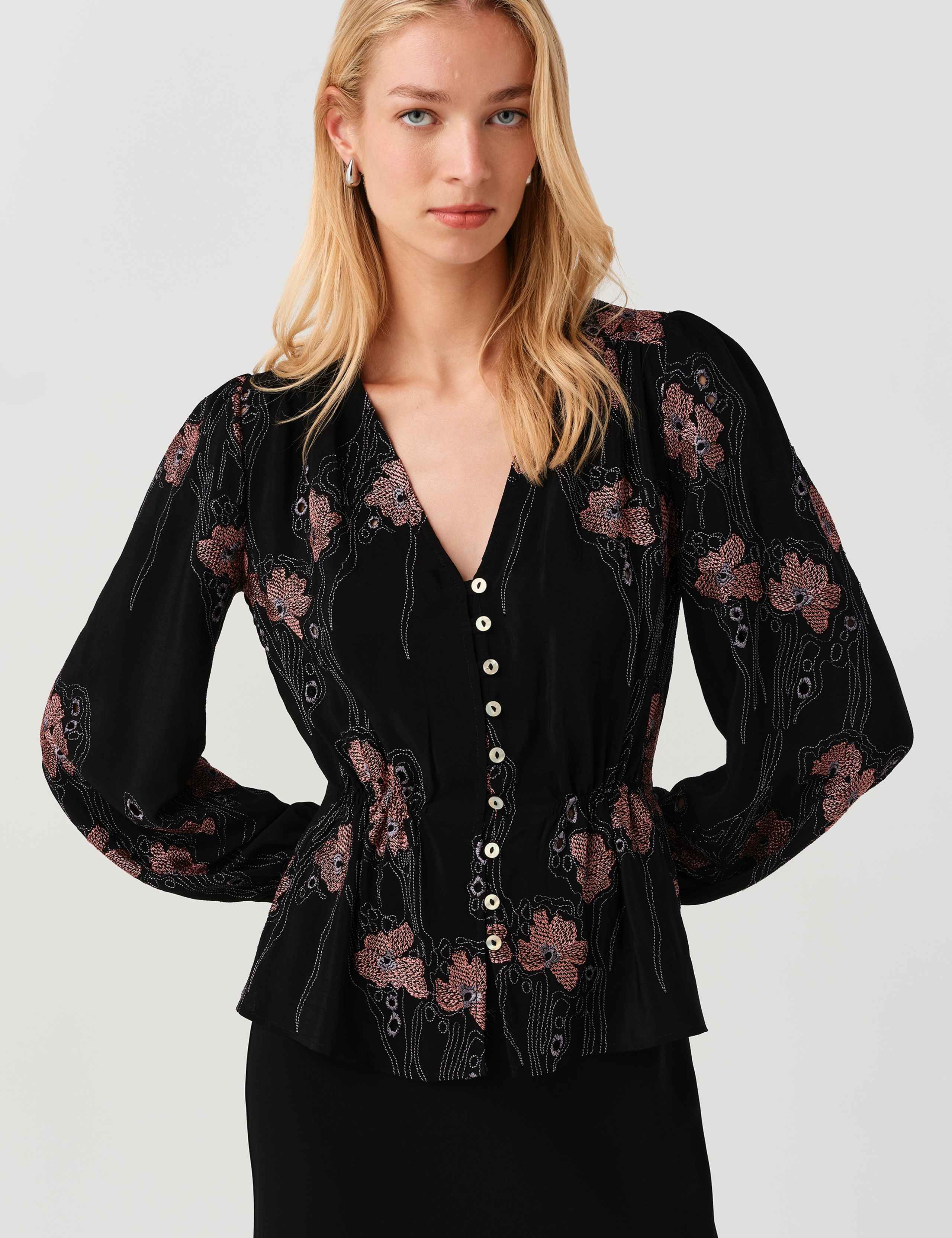 Crepe Embroidered V-Neck Button Through Blouse 2 of 8