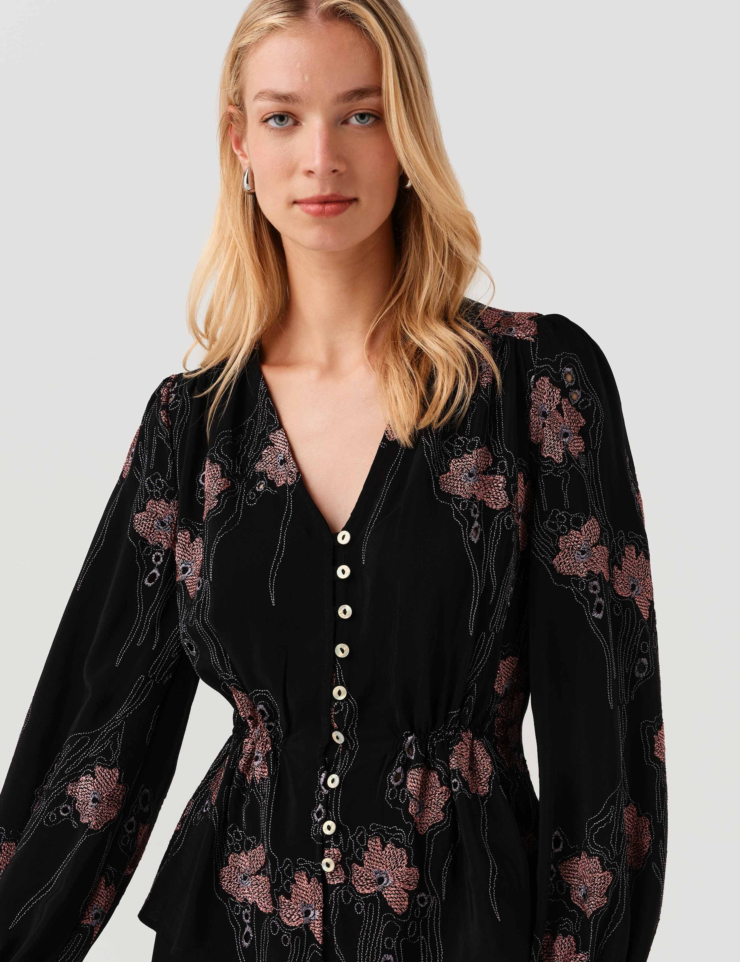 Crepe Embroidered V-Neck Button Through Blouse 4 of 8