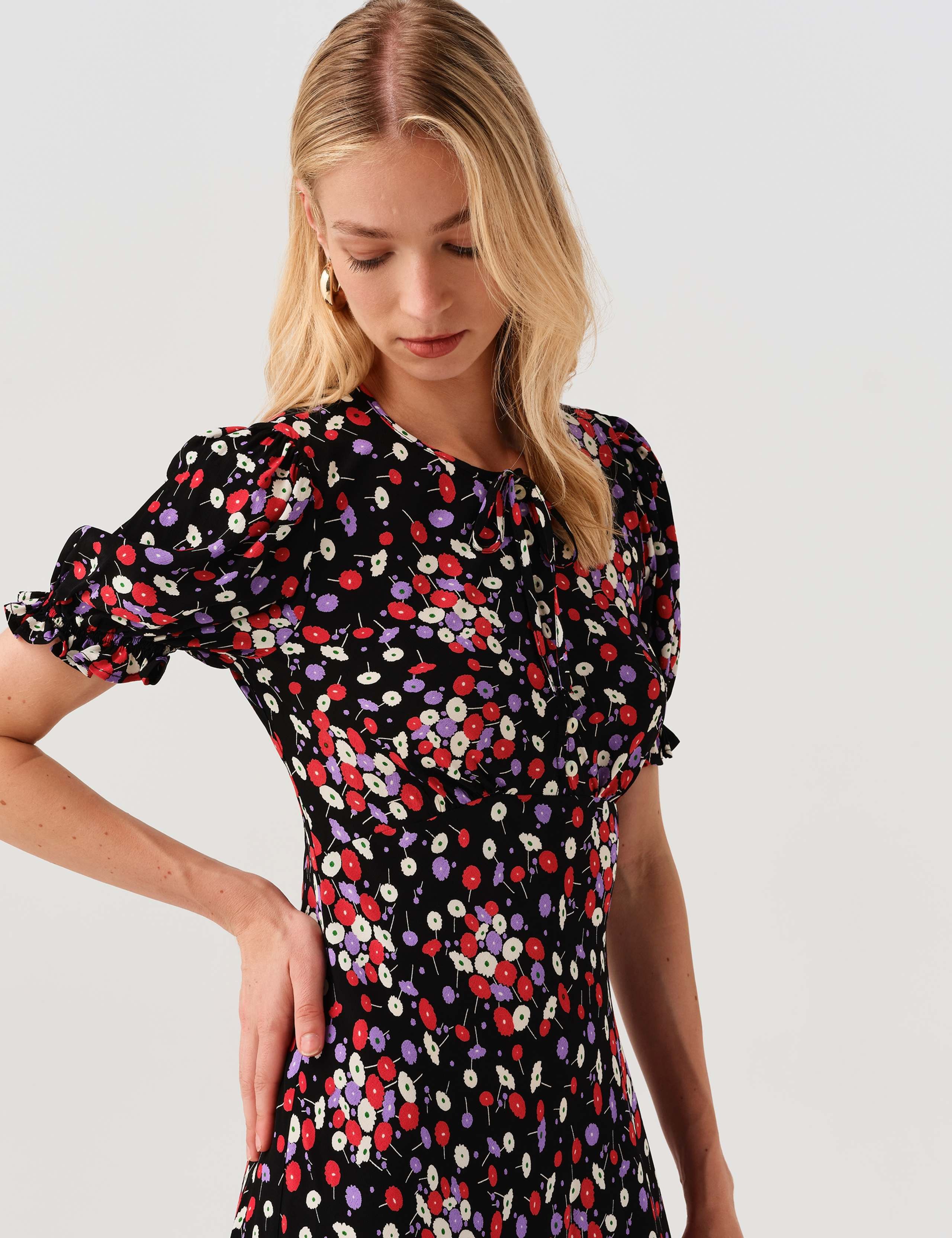 Crepe Floral Tie Neck Midi Tea Dress 2 of 9